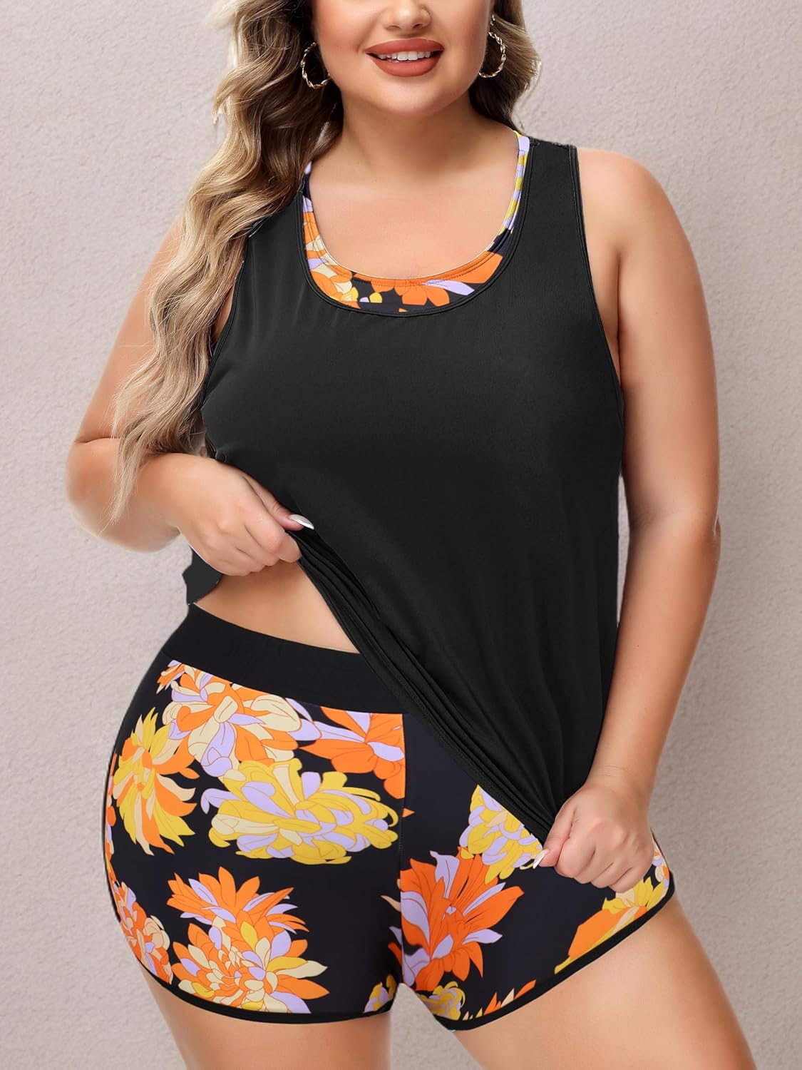 NIeyook Women Plus Size 3 Piece Tankini Swimsuits Athletic Bathing Suits with Boy Shorts Tank Top with Sports Bra