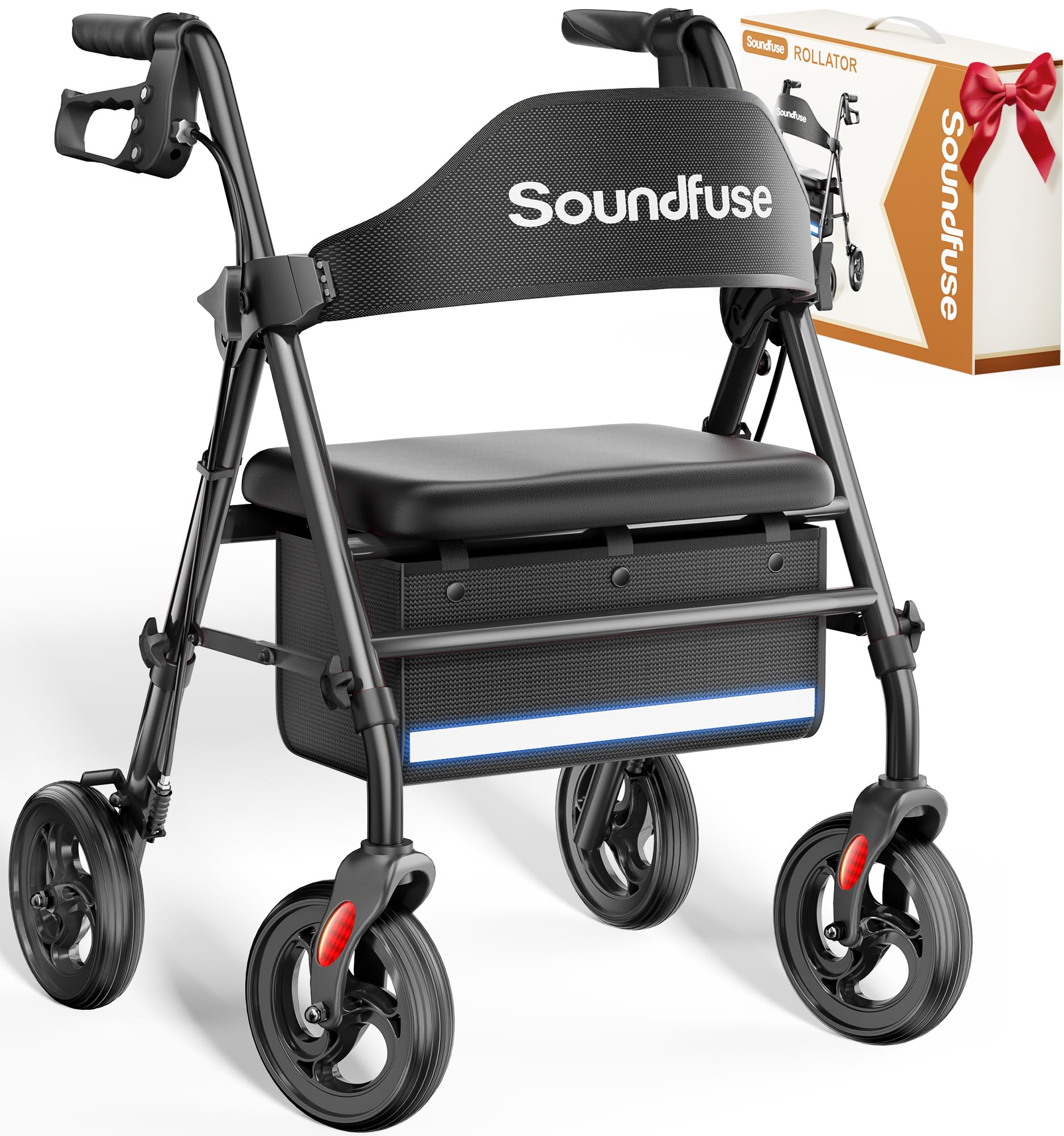 Rollator Walkers with Seat for Seniors, Foldable 8" Big Wheels All Terrain Rolling Walker, Handles and Ergonomic Seat Height Adjustable, 350 lb