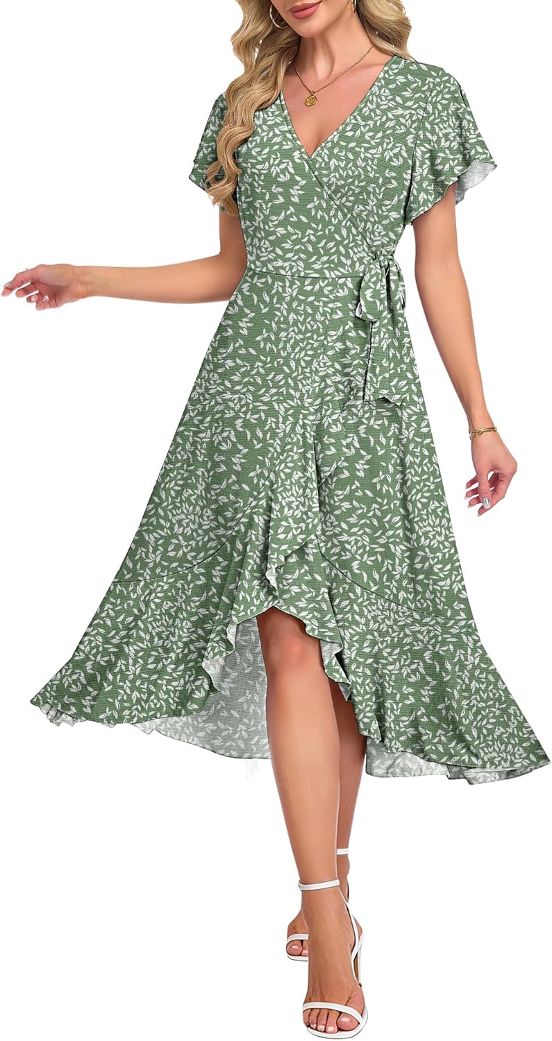 AUSELILY Women Summer Midi Dresses Wrap Short Flutter Sleeve V Neck Boho Slit Flowy Ruffle Dress Wedding Guest Dresses
