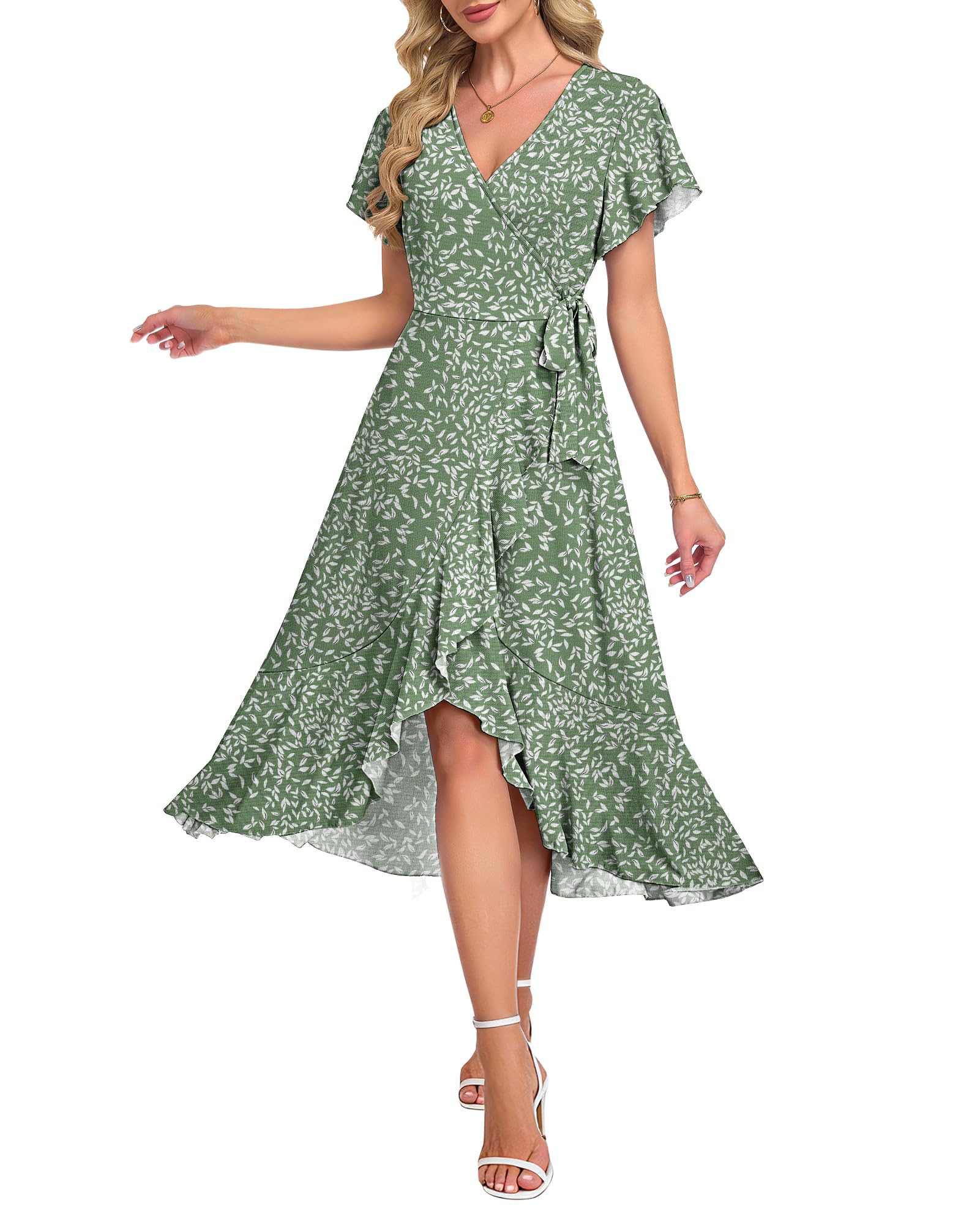 Women Summer Midi Dresses Wrap Short Flutter Sleeve Elegant Dress