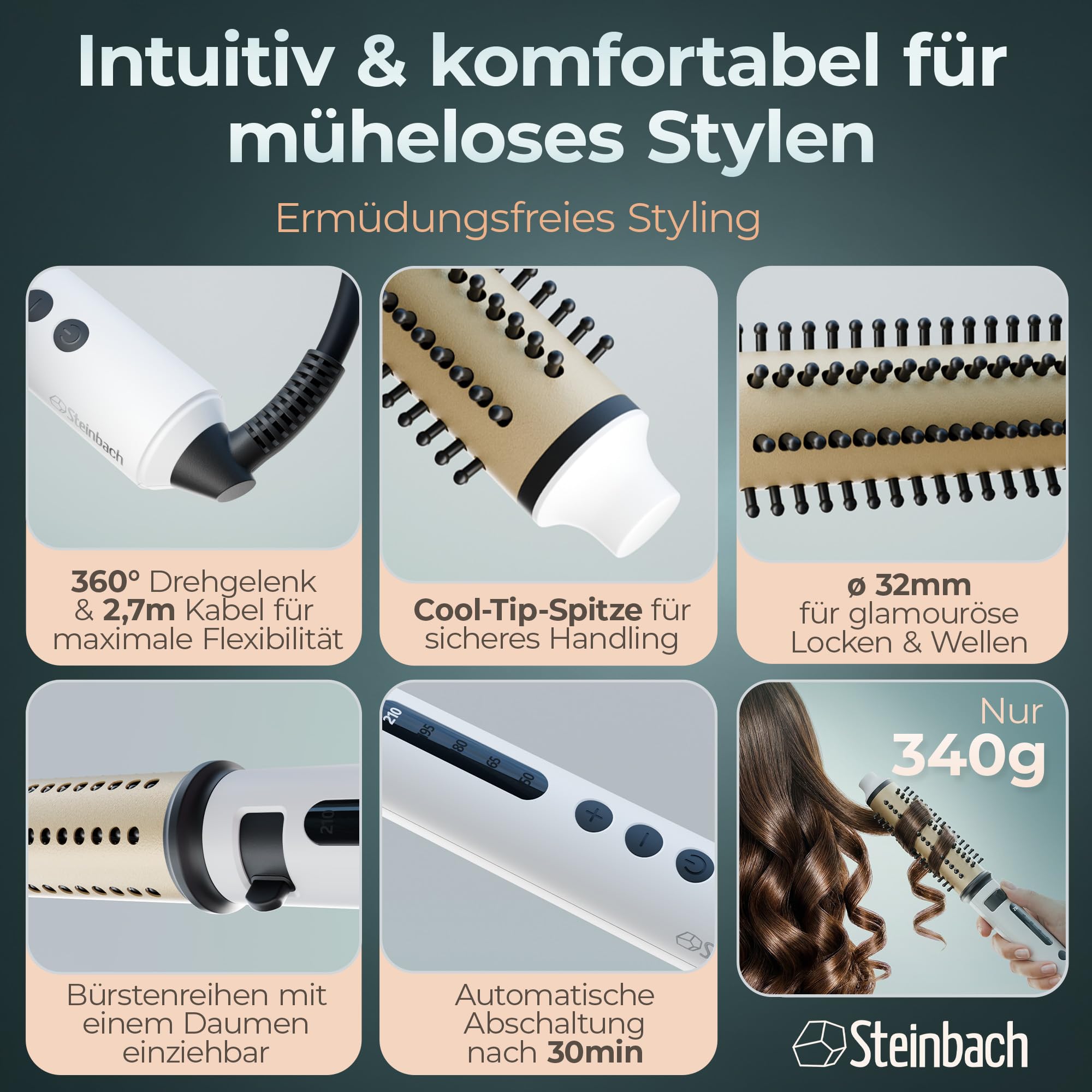 Steinbach 651: Professional Reise-Curler Brush wet und dry mit einziehbaren Bürsten und LED Temperaturregelung 110-230V Weltweite Spannungsanpassung Reisecurler (Weiß)