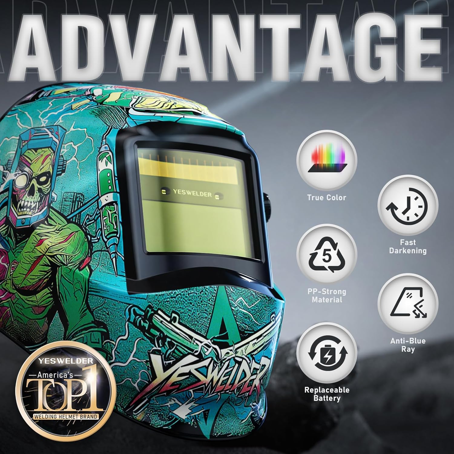 YESWELDER Auto Darkening Welding Helmet, Blue Light Blocking, 1/1/1/1 True Color Solar Powered Welding Hood with 2 Arc Sensors, Wide Shade 3.5/9-14 Welder Mask for TIG MIG ARC and Grind