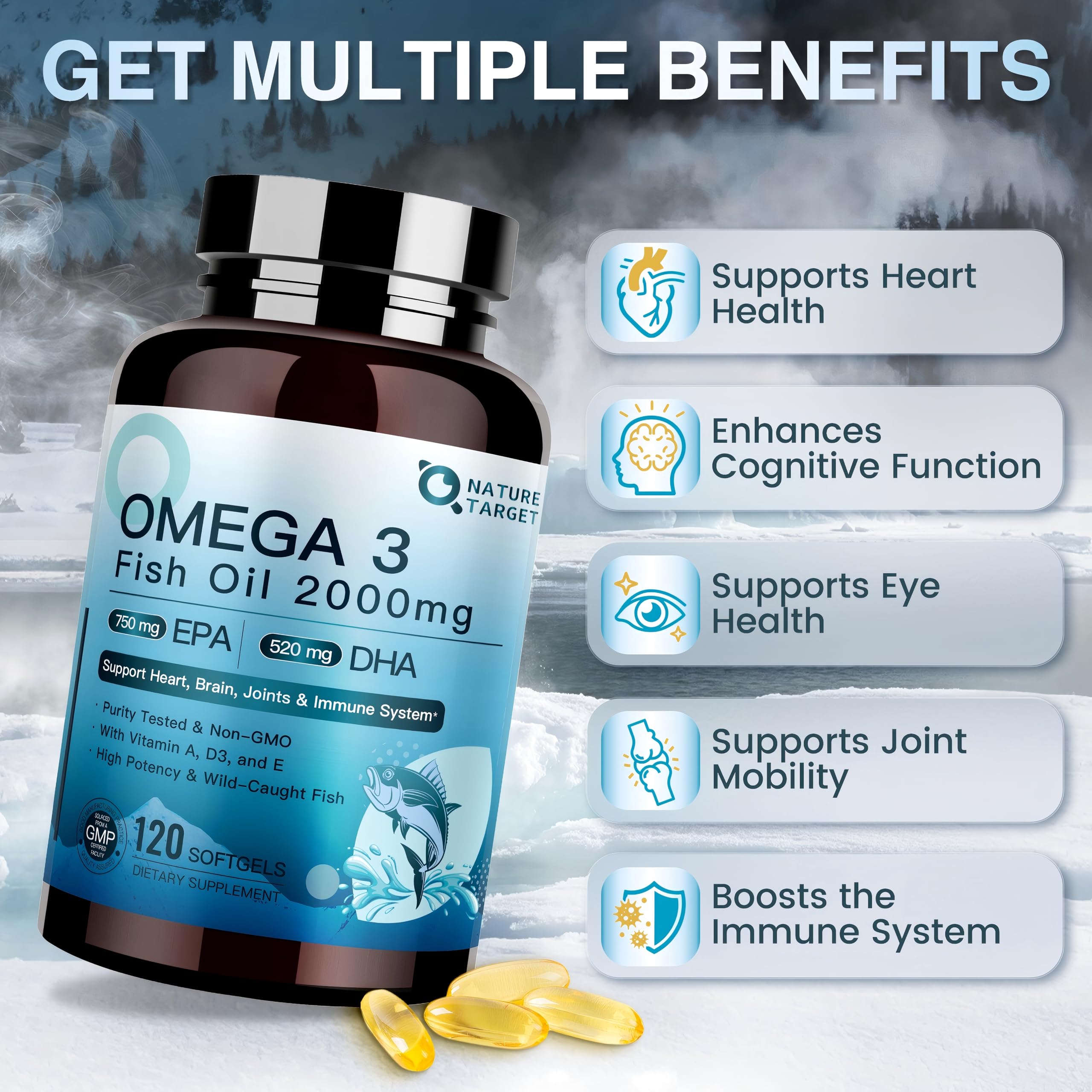 NATURE TARGET Omega 3 Fish Oil 2000mg Softgels with Vitamin D3 & E & A - EPA & DHA- Max-Absorption, Supports Heart, Brain & Immune Health, Non-GMO, 120 Softgels