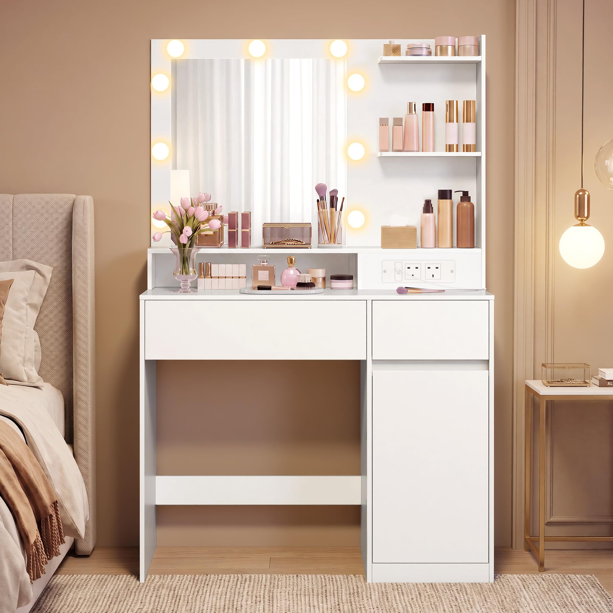 VASAGLE Dressing Table, Vanity Table with Large Mirror, Cabinet with 2 Adjustable Shelves, 1 Drawer, 2 Open Shelves, Modern basic Makeup Table, White KAILYN Collection RDT242WB02
