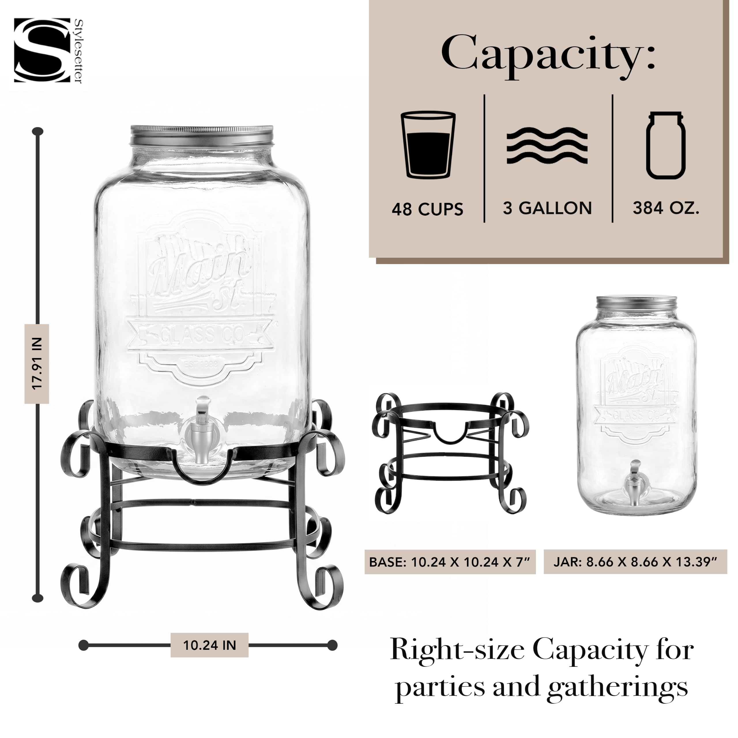 Dispensador de bebidas frías, jarra de cristal, soporte de metal y espiga de acrílico a prueba de fugas, ideal para fiestas, bodas y más