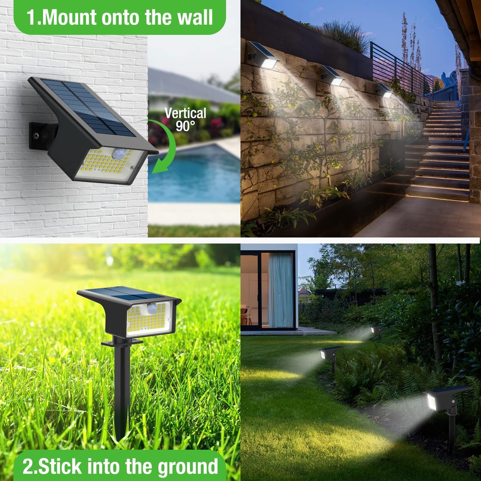 nipify 3 Pezzi Faretti Solari a LED da Esterno con Sensore di Movimento 62LED 3 Modes Lampade da Giardino, IP65 Impermeabile Luci Lampioni per Cortile, Vialetto, Bianco Freddo