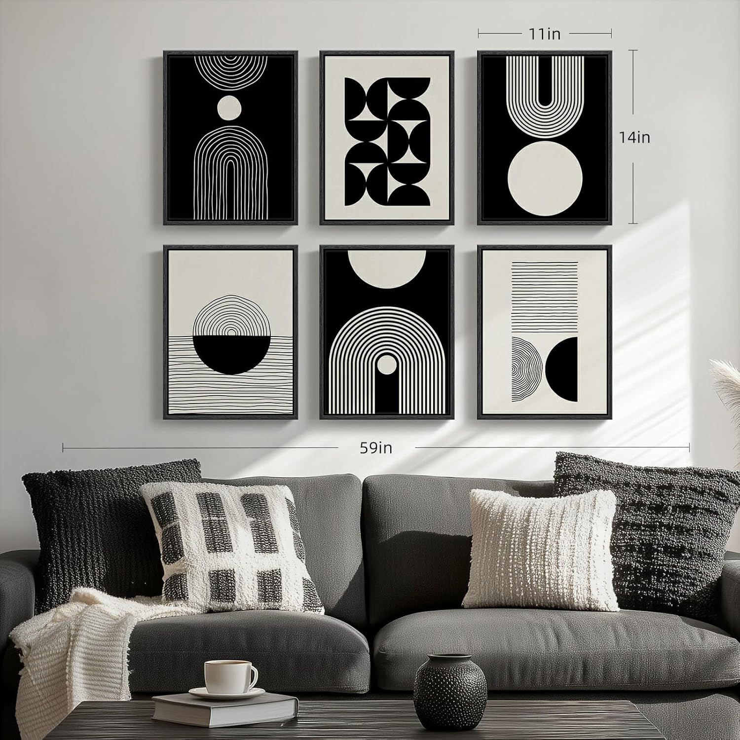 Wood Framed Modern Abstract Canvas Wall Art Sets of 6, Black and White Minimalist Prints, Bohemian Geometric Decor Painting for Living Room, Bedroom, Hallway and Office 11x14 Inch