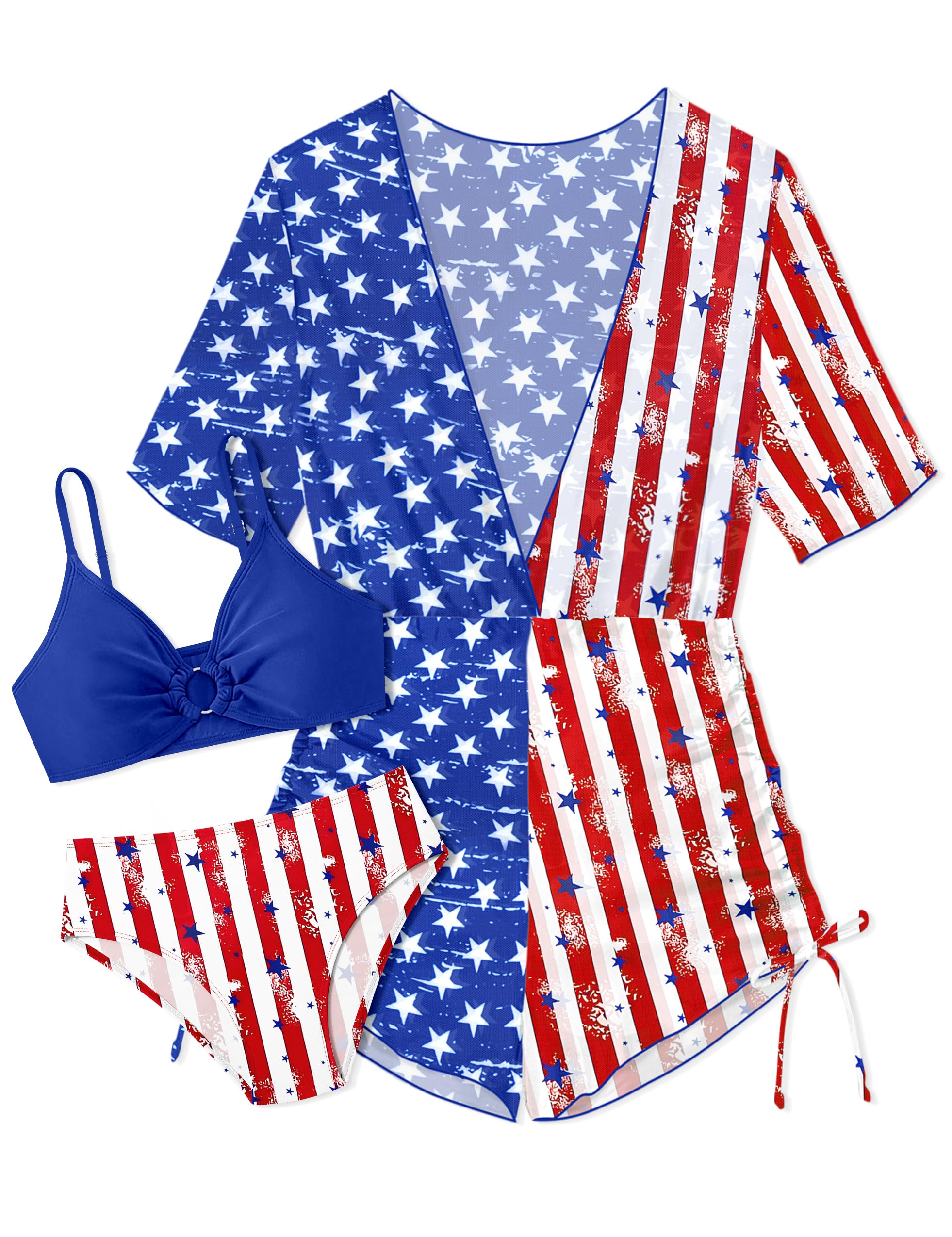 Aulyffo Girls Swimsuit 3 Piece Bathing Suit Ring Linked Bikini Set with Quick Dry Cover Up Girls' Swimwear for 9-16 Years