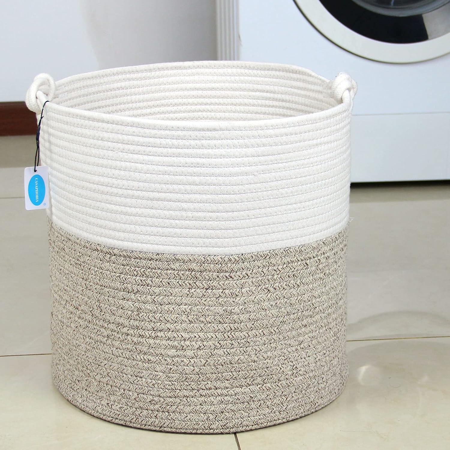 Casaphoria Natural Woven Cotton Rope Storage Basket for Organizing Towels Blanket Laundry Baskets for Bathroom,Tall Laundry Basket for Bedroom,Bicolor Round Woven Hampe with Handles for Living Room