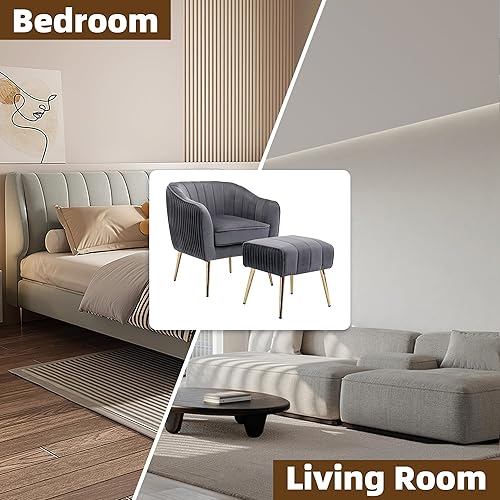 Miniatura 8 de GOOLON Silla decorativa de terciopelo tapizada para sala de estar con reposabrazos silla lateral con reposapiés, sillón otomano copetudo con pata