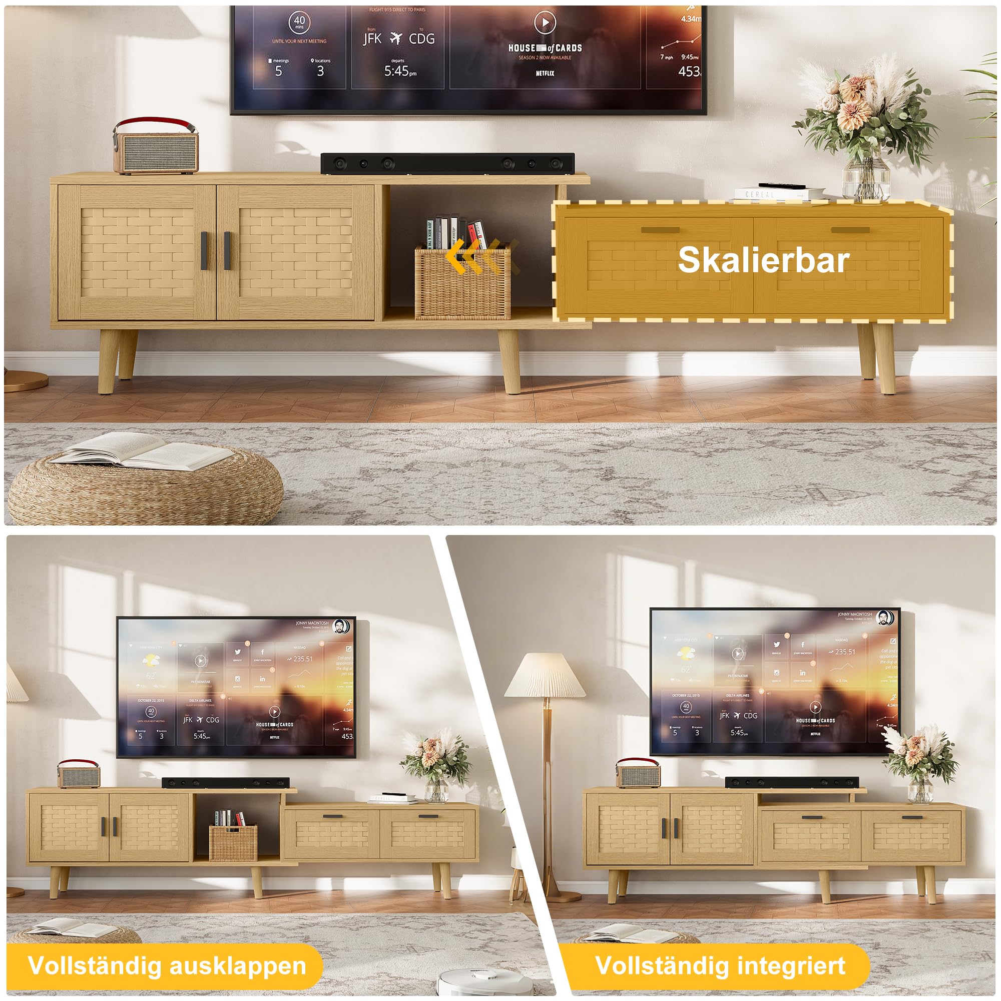 Mobile TV allungabile con 2 ante e 2 cassetti (146-180 cm), TV Lowboard, mobile TV, credenza TV, per soggiorno, camera da letto, TV fino a 75 pollici (rovere)