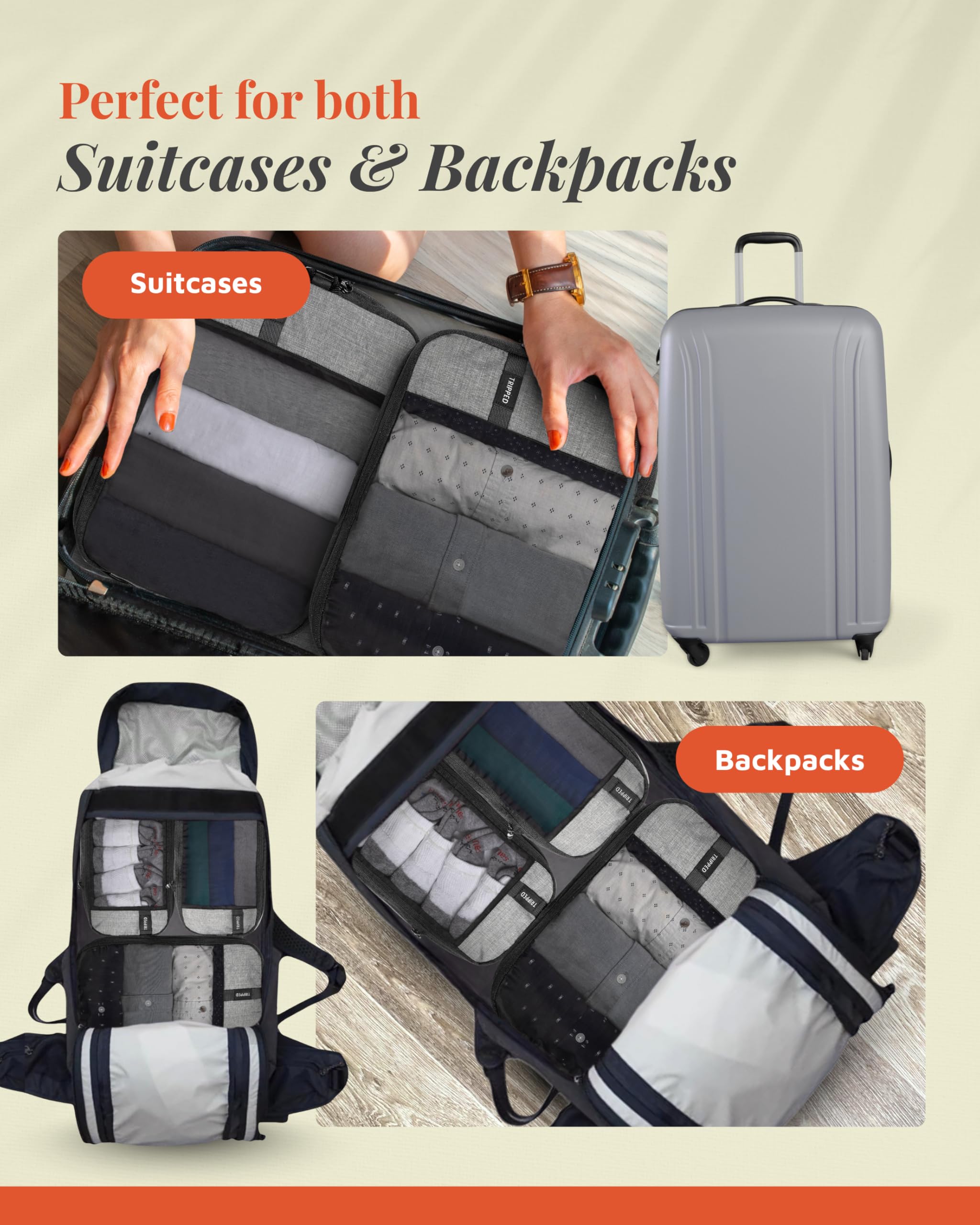 TRIPPED - Juego de 6 cubos de compresión para viajes, con bolsa de lavandería y zapatos, bolsas organizadoras de viaje que ahorran espacio para maleta y equipaje de mano (malla gris)