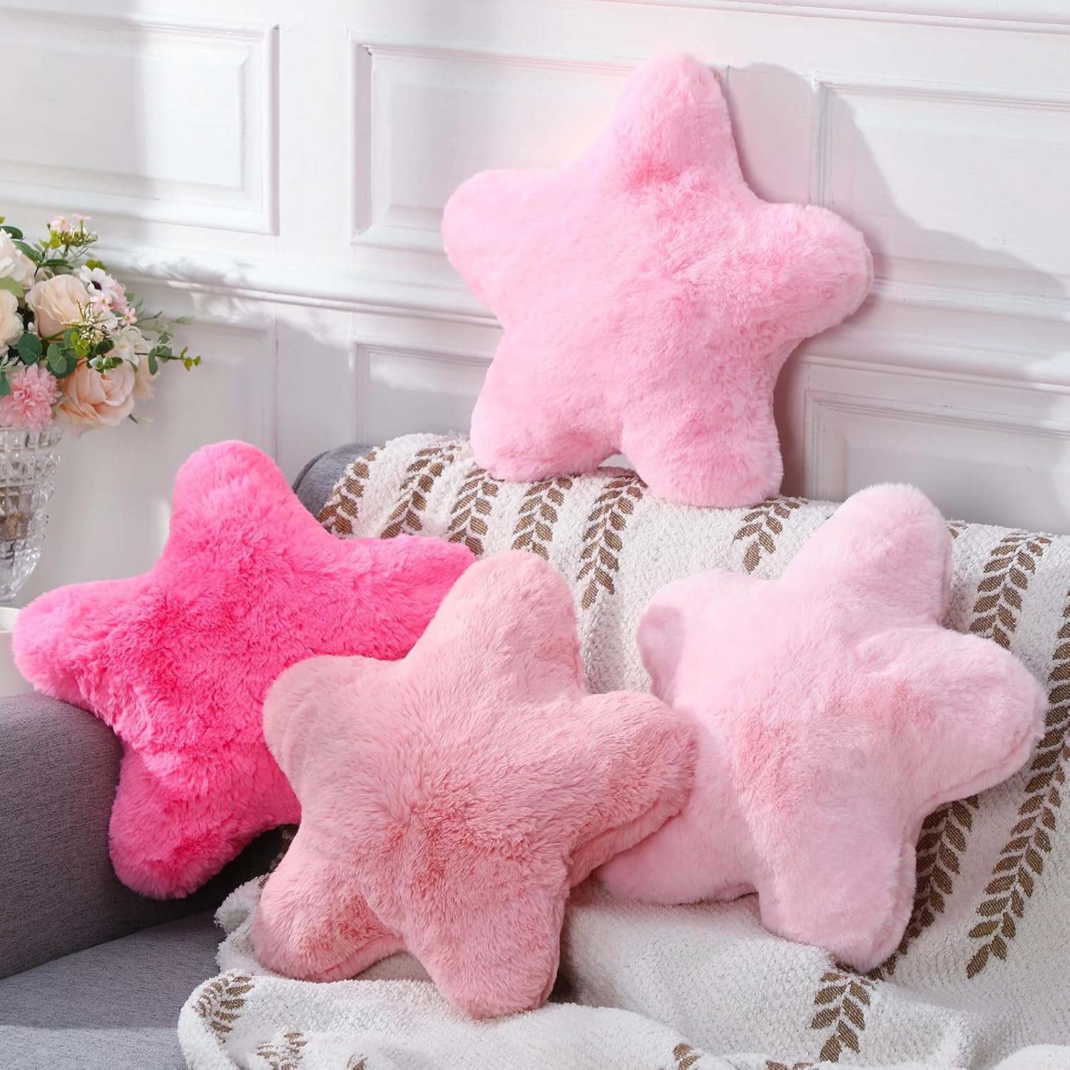 4 Pieces 15" Star Pillows, Cute Soft Fluffy Decorative Throw Pillows with Faux Rabbit Fur for Sofa Bedroom Living Room Floor Cushions Home Decor(Multiple Pinks)