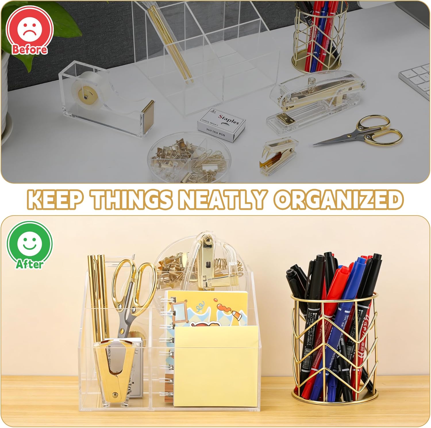 11 Pcs Acrylic Office Supplies Set Clear Desk Oganizer Accessories Kit include 2 Ballpoint Pen Pen Holder Stapler Tape Dispenser Staple Remover Clips Scissors for Office School Home
