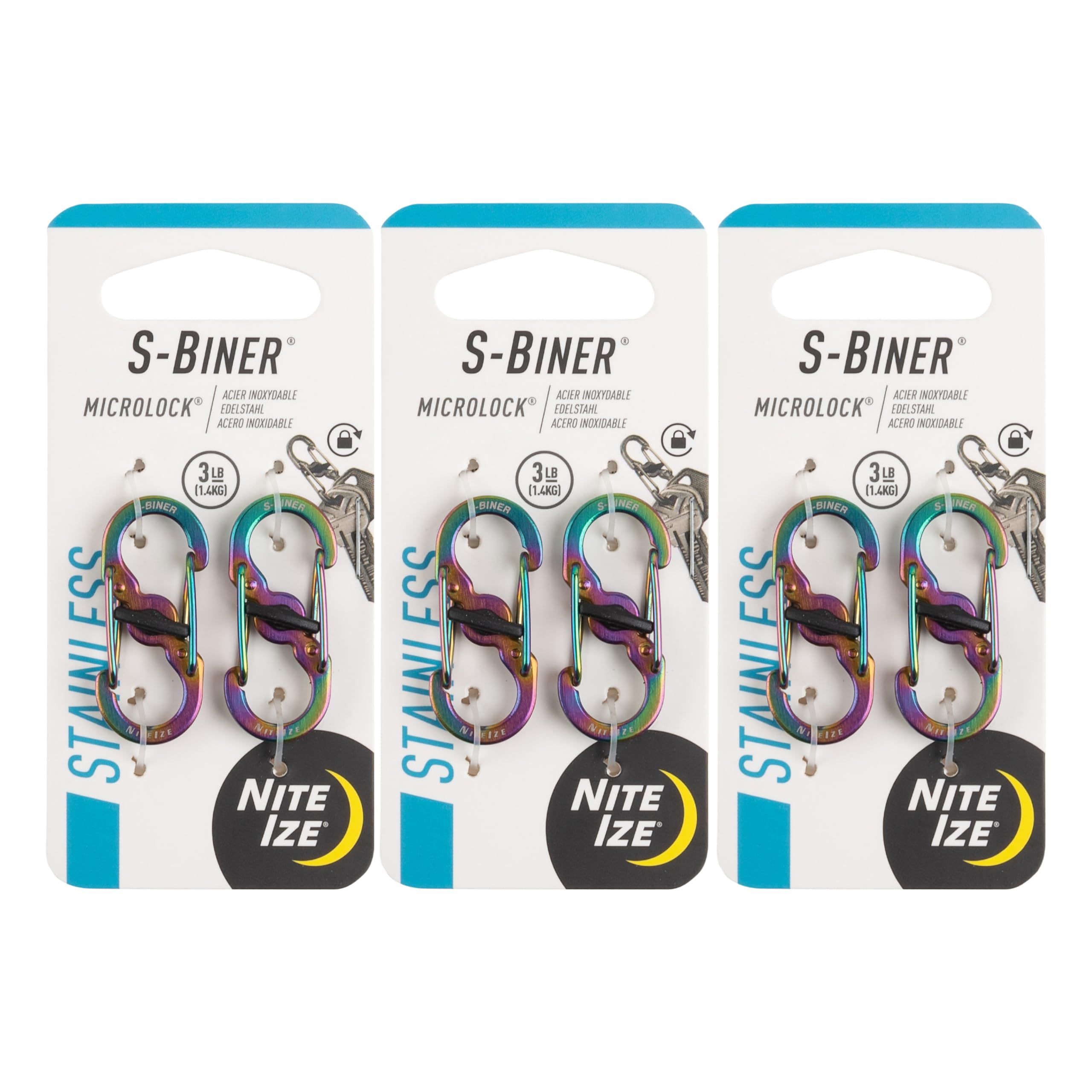 Nite Ize S-Biner MicroLock Stainless Steel - Durable Key Holder Carabiner Clip - S-Biner with Locking Gates - Durable & Strong Mini Carabiners for Keychain Accessories - Spectrum, (3 Pack)