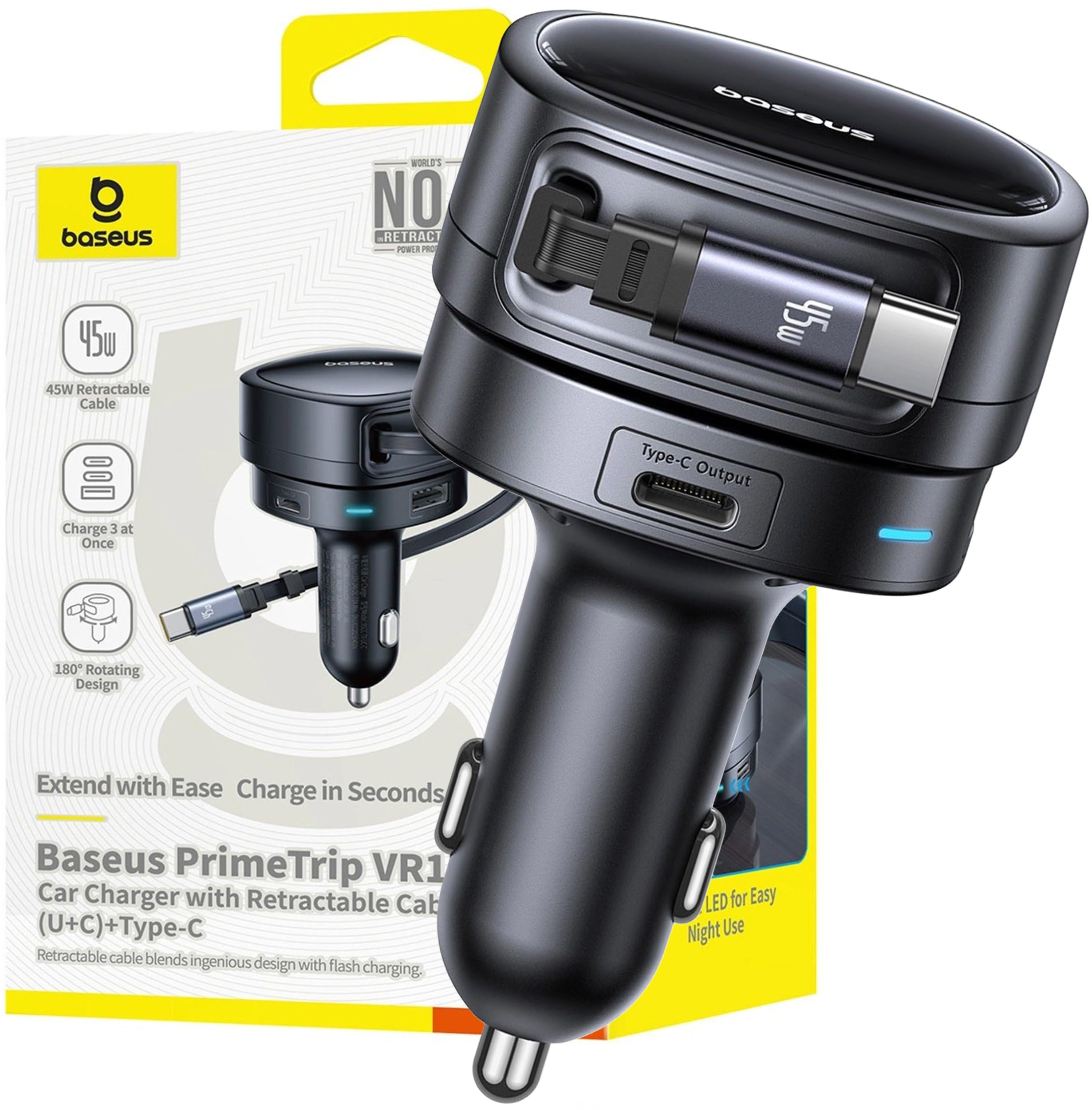 Baseus Cargador de Coche Baseus PrimeTrip VR1 60W USB-A USB-C con Cable USB-C retráctil - Negro