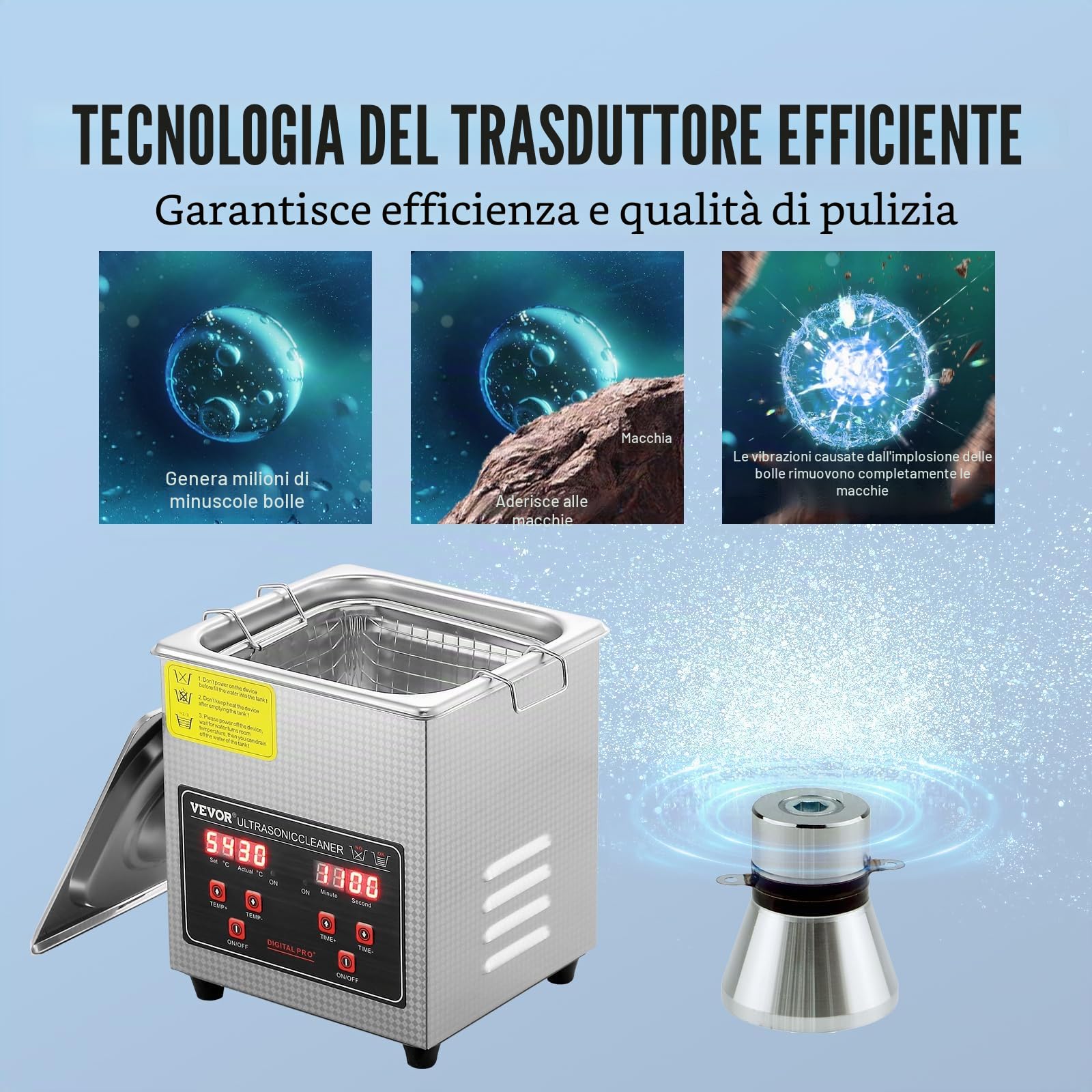 VEVOR Pulitore a Ultrasuoni Vassoio Display Digitale in Acciaio Inox Capienza 2 Litri con Riscaldamento Tempo Temperatura Regolabile, Macchina Pulitrice a Ultrasuoni per Gioielli Occhiali Laboratorio