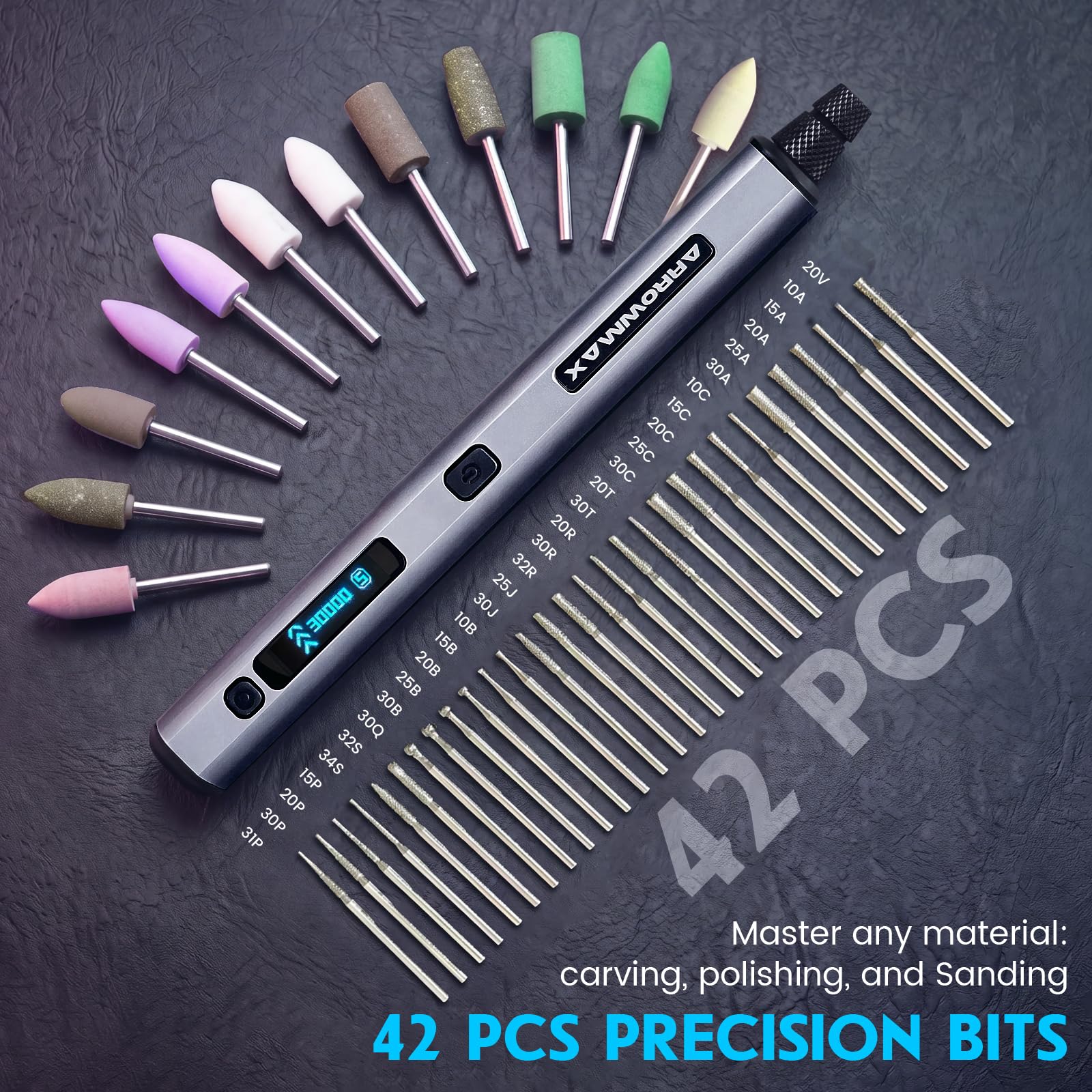 ARROWMAX Mini herramientas multifunción con OLED, 30000 rpm, lápiz de grabado con 30 puntas para metal, madera, vidrio y plástico, juego de grabado para adolescentes, adultos y principiantes