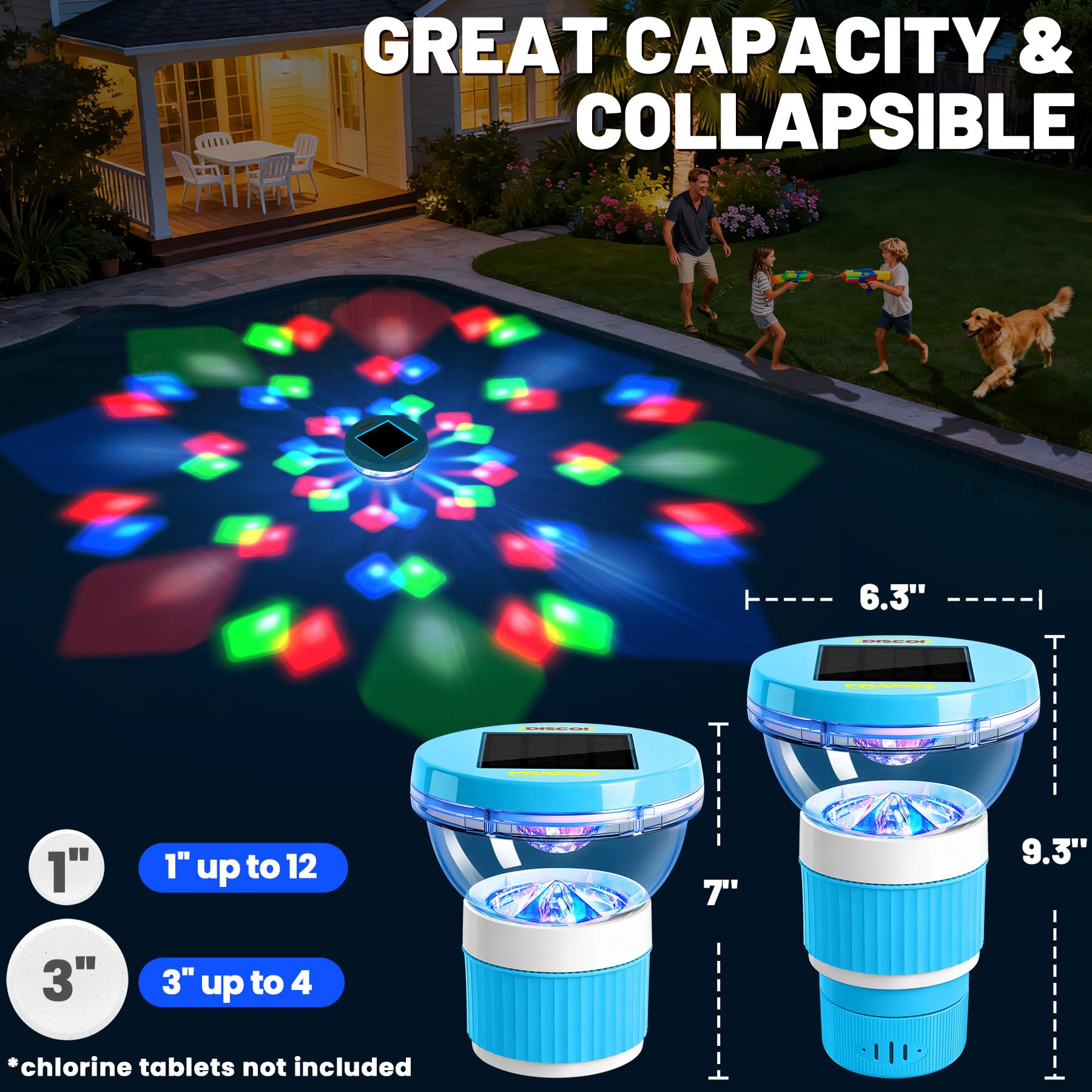 PRAXXIS Galleggiante solare per cloro con luce rotante da discoteca, flusso regolabile, dispenser di cloro galleggiante per piscina, galleggiante per cloro per piscina, galleggiante per cloro per