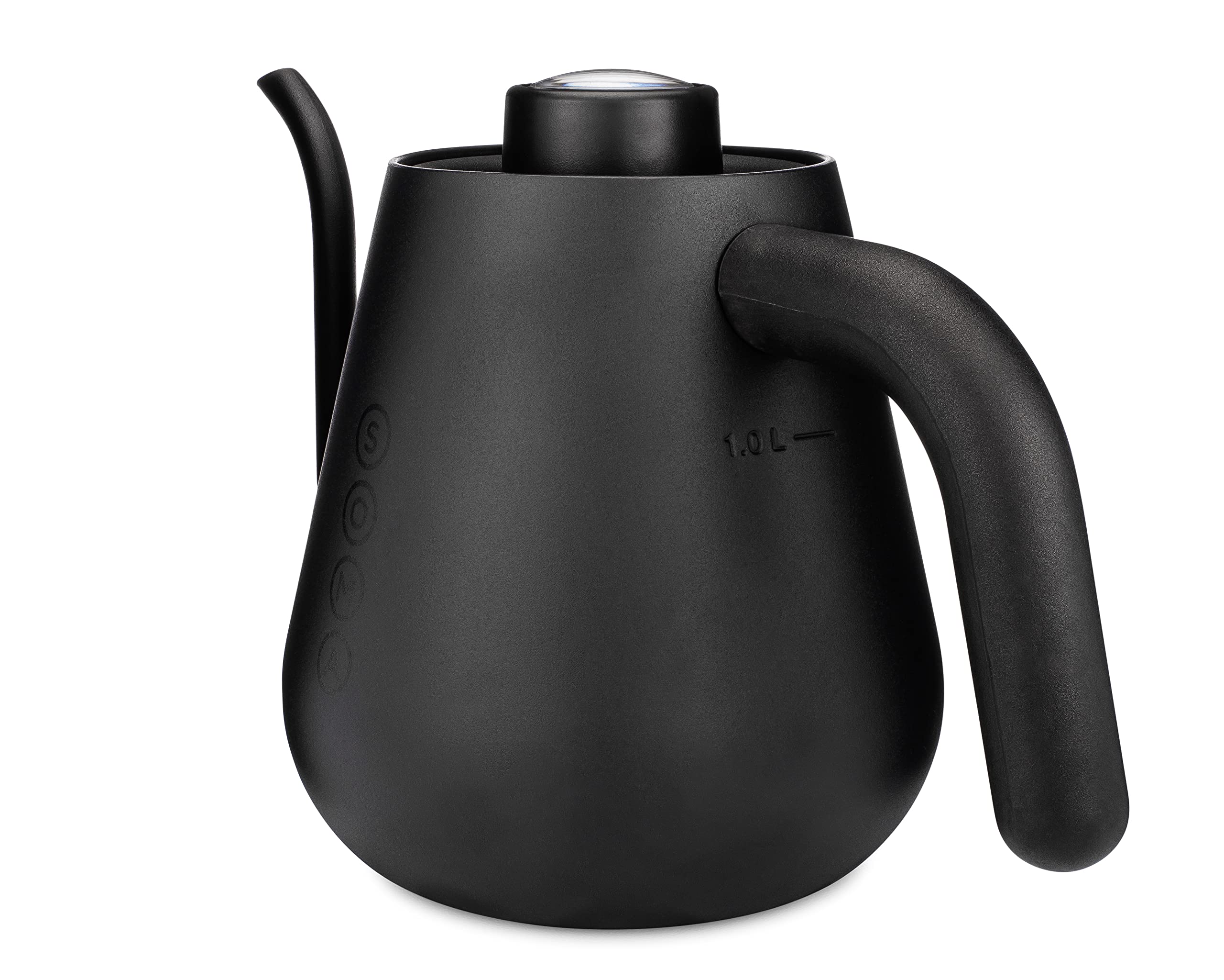 Condition photo showing New/Like New for soma stainless steel gooseneck coffee & tea kettle, black, 1 liter, stovetop