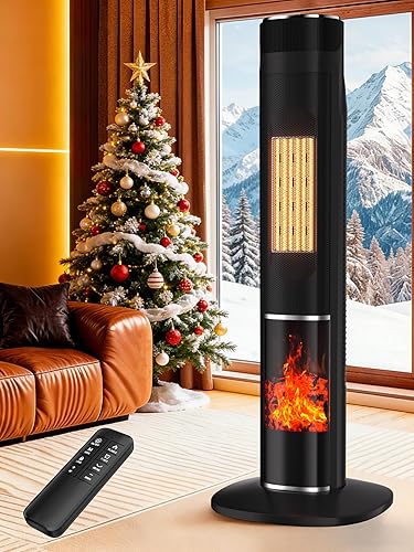 YEW Calentador de espacio de torre de 32 pulgadas con termostato y control remoto, calentador eléctrico de cerámica PTC de 1500 W con llama 3D,