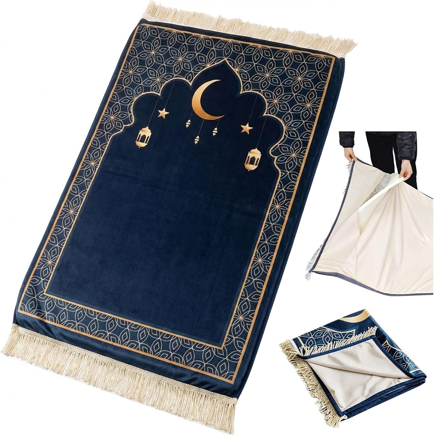 Muslim Prayer Mat 2-in-1 Travel Rug with Removable Machine Washable Cover, Thick Foam Janamaz Sajadah, Minimalist Star & Moon Islamic Design, Non-Slip, 31.5"x47.2"