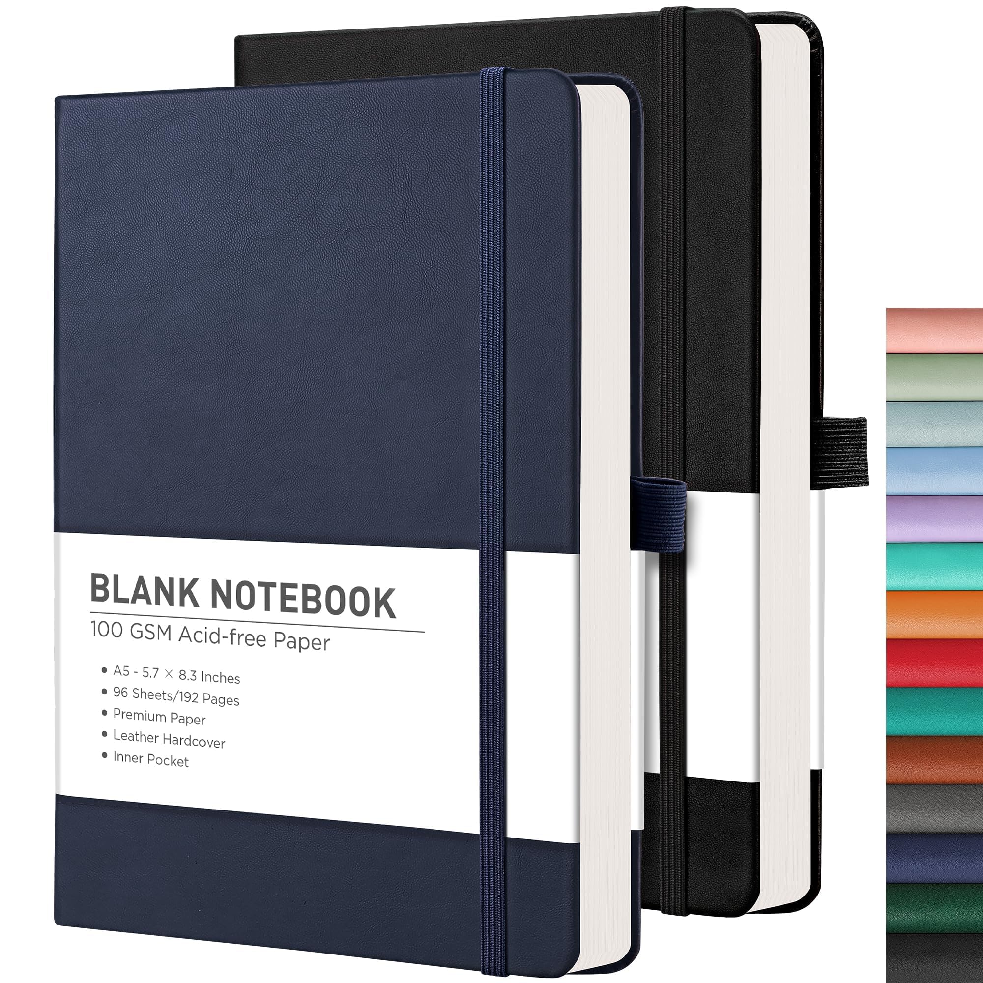 RETTACY Blank Journal Notebook, 2-Pack, 192 Pages per Pack, A5 Medium Size (5.7'' x 8.3''), Leather Hardcover, 100 GSM Thick Paper, for Sketching,