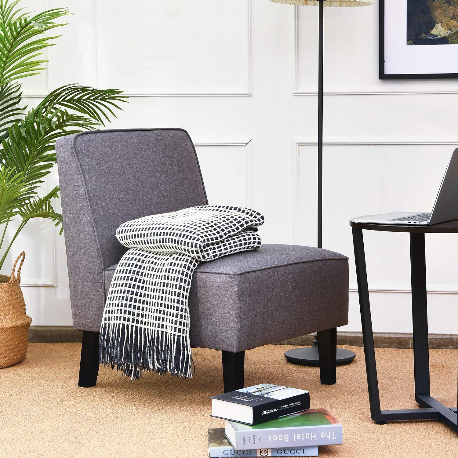 DORTALA Upholstered Accent Chair, Linen Fabric Single Sofa Armless Chair w/Solid Rubber Wood Legs & Thick Sponge Cushion, Modern Slipper Leisure Chair for Living Room, Bedroom, Study, Office, Grey