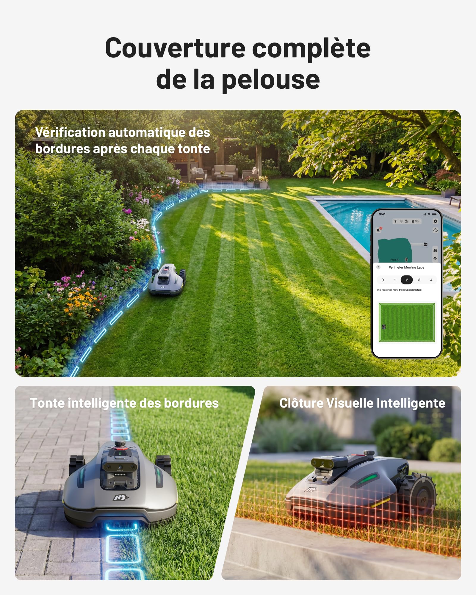 MAMMOTION YUKA Mini 2 500 Robot Tondeuse avec Garage Standard, jusqu'à 500m², Zéro Perte de Signal, sans RTK, AI Traitement d’Image à Trois Caméras, DropMow (expédié séparément)