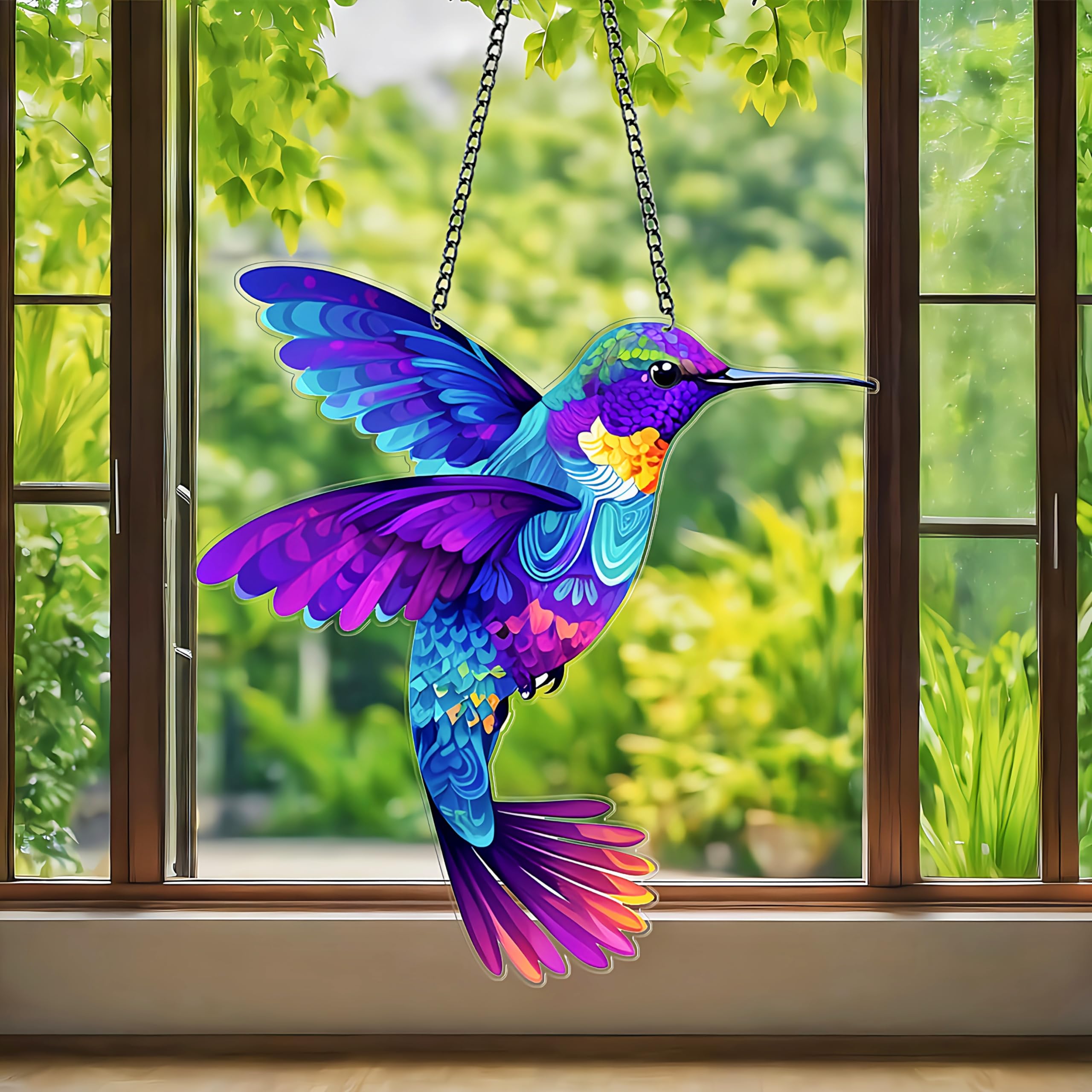 Tivleed Garden Ornaments Outdoor, Garden Wall Art Outdoor, Hummingbird Hanging Decor, 2PCS Purple Acrylic Bird Decor for Fence, Patio and Yard 14x15cm