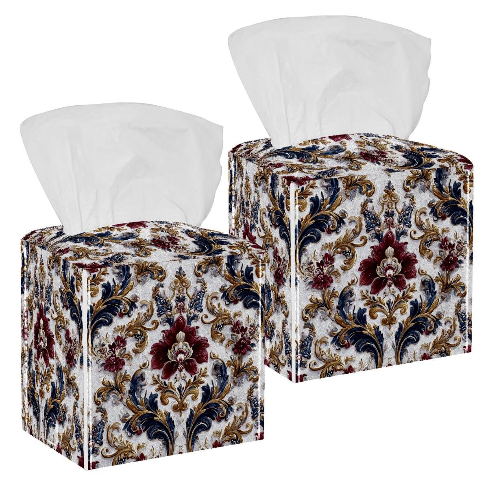 Flowers Tissue Box Cover, 2 Pack PU Leather Square Facial Tissue Dispenser Box holder for Home Office Car