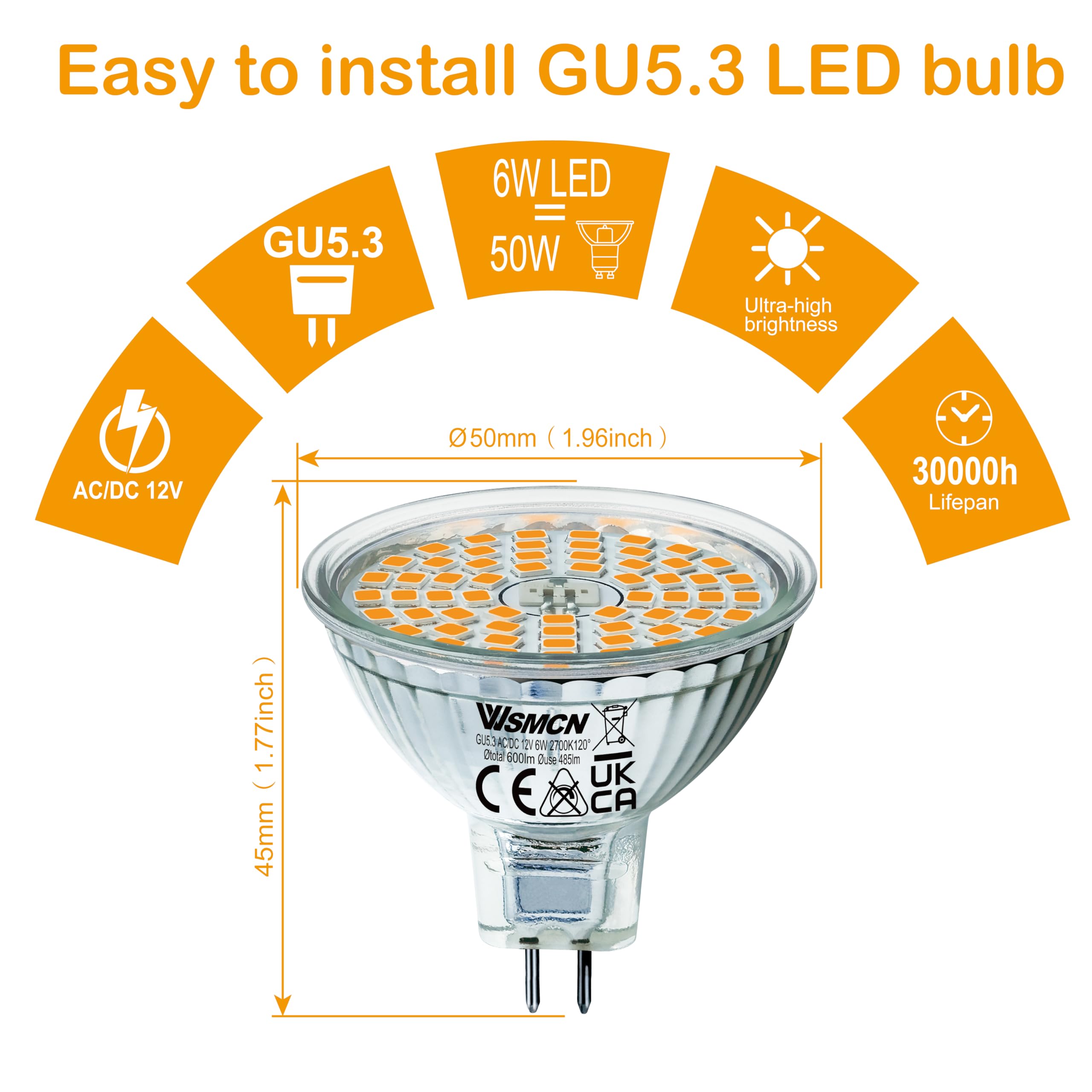 Faretti LED MR16 GU5.3 6W Luce Calda 2700K - Pacco Da 6, Non Dimmerabili, 600LM, 12V