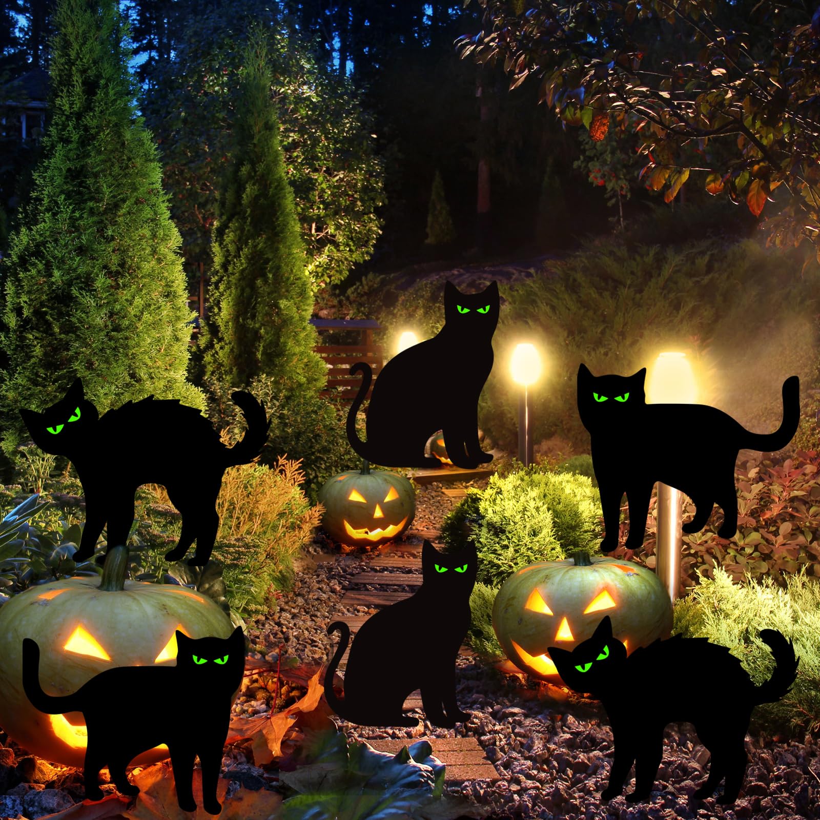 Dekoracje na Halloween, 6 szt., czarne znaki stoczni kota z palikami, przerażająca sylwetka ze świecącymi oczami, na podwórko na zewnątrz, wodoodporny, trawnik, ogród, dekoracja na Halloween