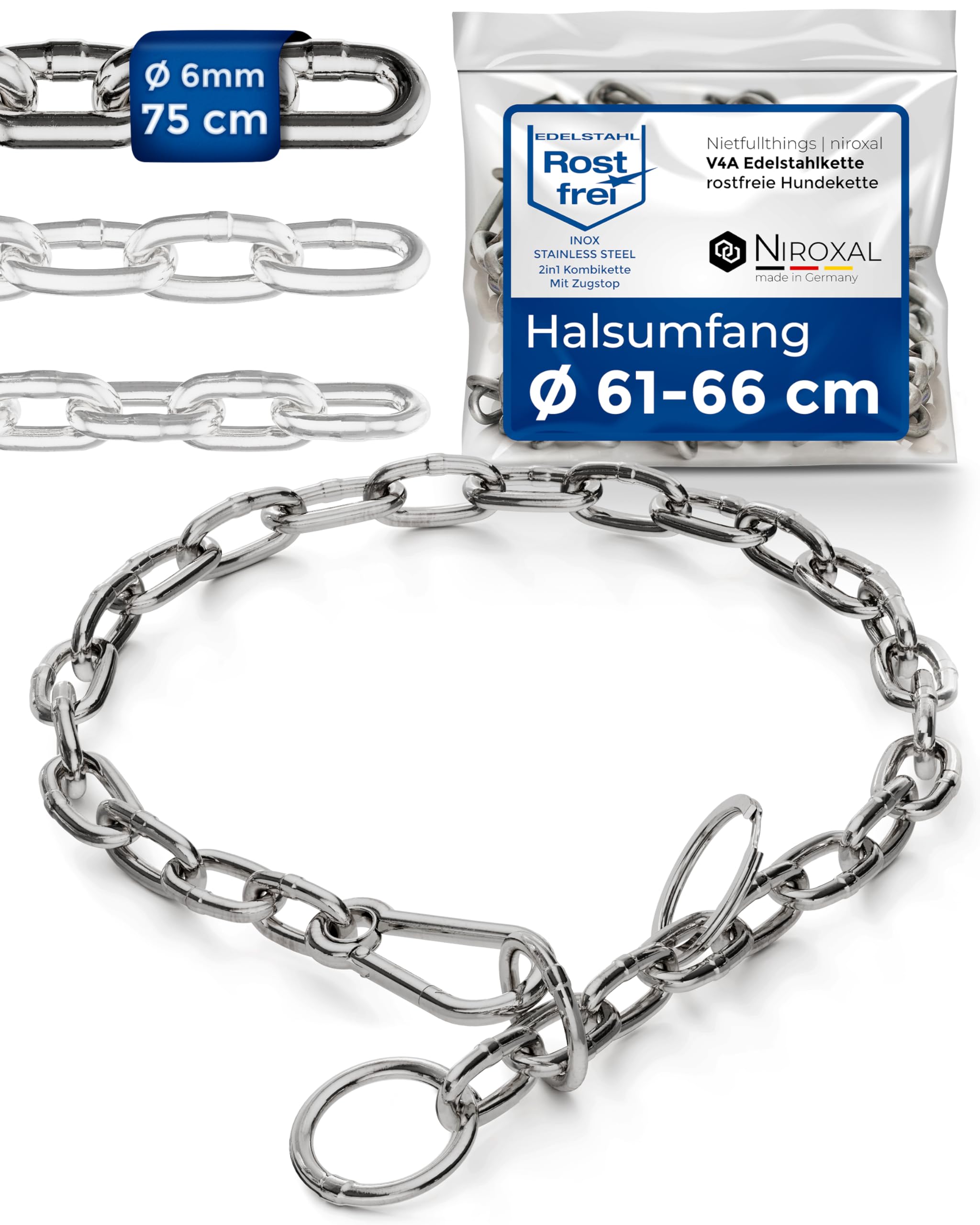 Collar de Cadena para Perro de Acero Inoxidable con mosquetón y limitador de Ajuste – eslabones Cortos 6 mm x 75 cm
