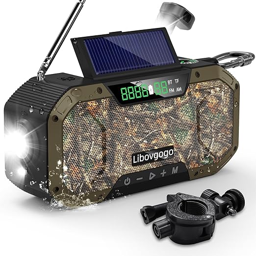 Emergency Radio Waterproof Bluetooth Speaker,Portable Digital AM FM Radio with Flashlight,Reading Lamp,Hand Crank NOAA Weather Radio with Solar Panel,5000mAH Cell Phone Charger,Bicycle Mount