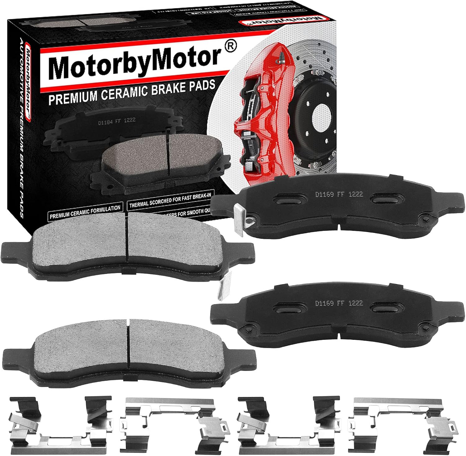 Front Ceramic Brake Pads w/Hardware Kits Fits for Buick Enclave Rainier, Chevrolet Colorado SSR Trailblazer EXT Traverse, GMC Acadia Canyon Envoy XL, Isuzu Ascender, SAAB 9-7X, Saturn Outlook-4 PC