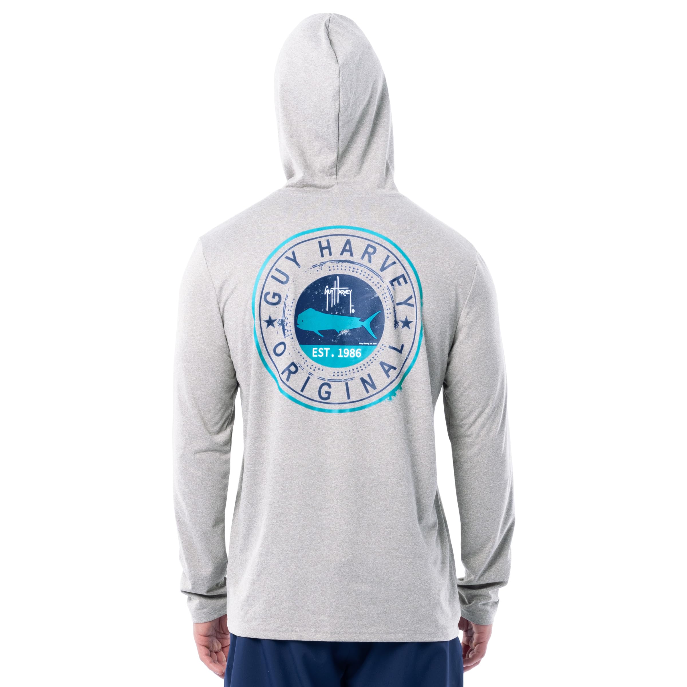 Guy Harvey Men's Sport Grey Heather/Scribble Mahi Circle Long Sleeve Performance Hoodie, L