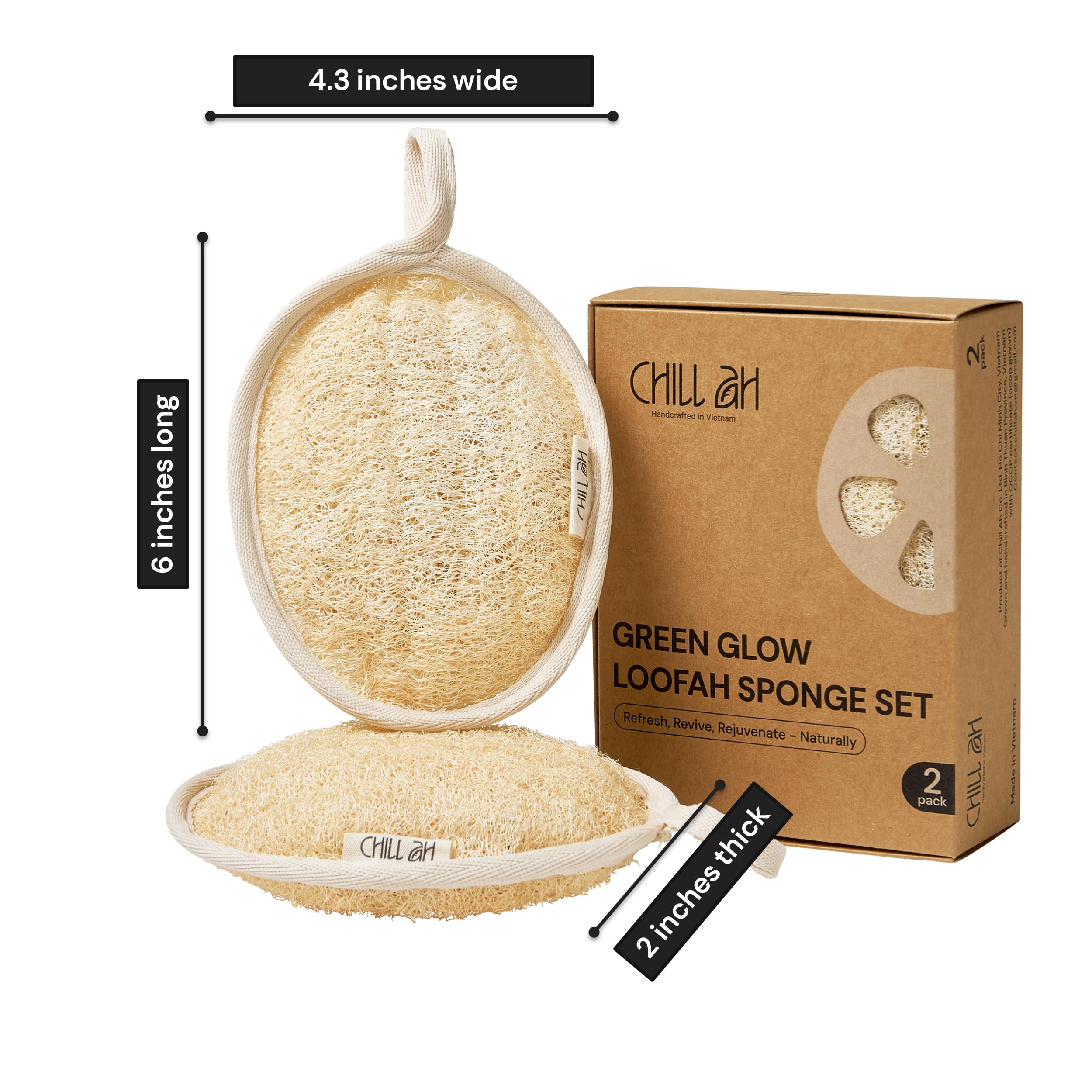 Chill Ah Green Glow Luffa Badeschwamm-Set - 100% pflanzlich, farbstofffrei, biologisch abbaubar, kratzfest, handgefertigt in Vietnam (2er-Pack)