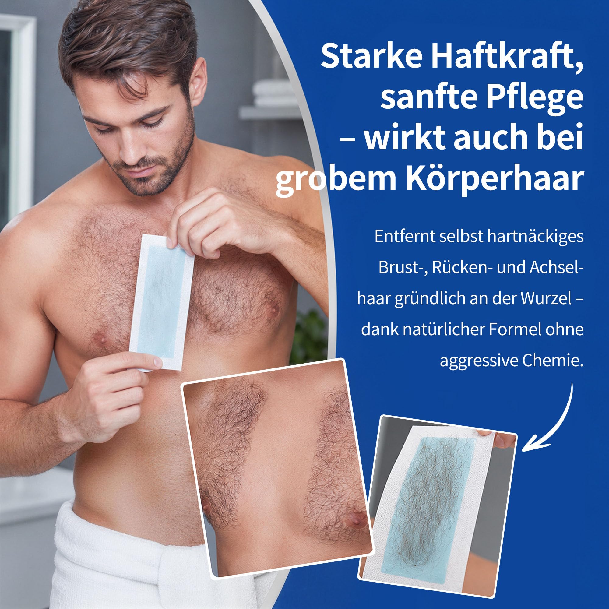 Beauty7 Kaltwachsstreifen für Männer – Für empfindliche Haut | 20 Streifen + 4 Pflegeöltücher – Sanfte & effektive Haarentfernung an Brust, Rücken, Achseln und Beinen