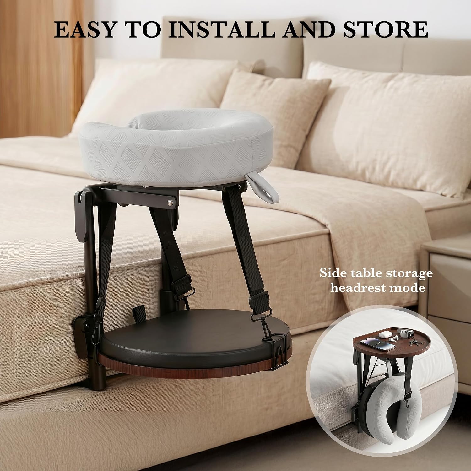 Massage Headrest with Armrest & Bedside Tray, Adjustable Massage Face Cradle at Home, Portable Bed Massage Head Holder, Massage Table Head Rest for Salon Spa, Face Down Pillow After Eye Surgery (Grey)