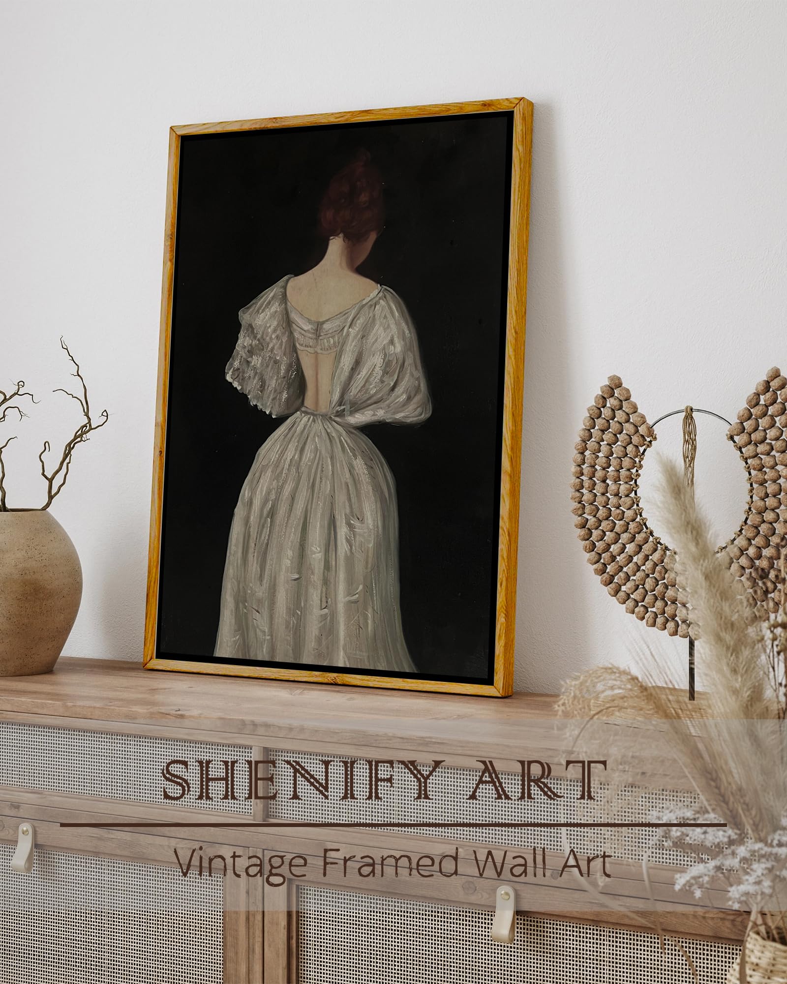 SHENIFY 16x24 inches Vintage Canvas Wall Art Home Decor Medieval Lady Fashion Room Decor for Hallway Bedroom Living Room - Natural Framed