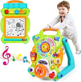 3-in-1 Baby Walker for Boy Girls Sit to Stand Toy Activity Center Drawing Board Infant Toys for 1 Year Old Birthday Gifts 9 12 18 Months 2 3 Year Old Kid Toddler Push Toy Musical Sound Light Effect