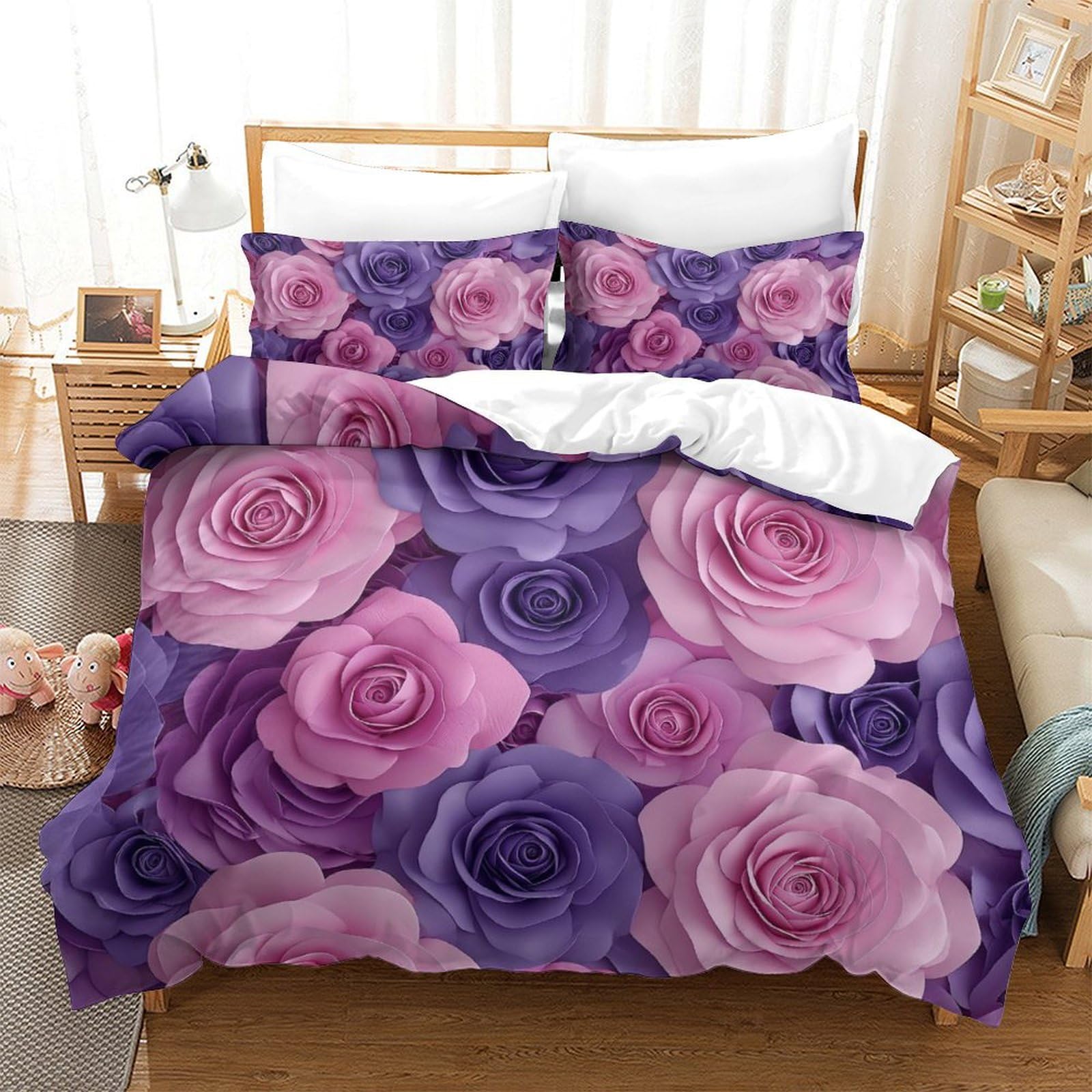 Housse de couette roses 3D microfibre douce linge de lit 260x220 fermeture éclair taie d'oreiller