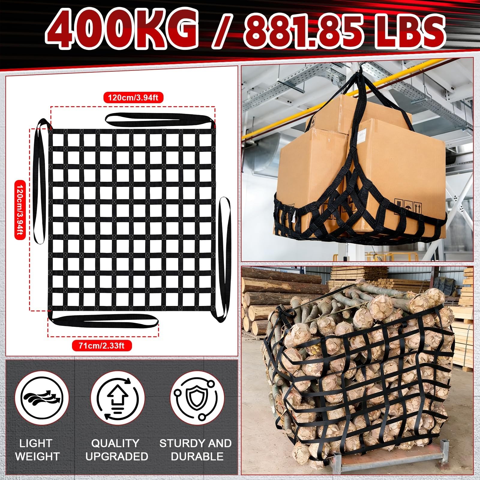 Siatki do podnoszenia ładunków, 400 kg poliestrowa siatka do podnoszenia ładunków, wytrzymała czarna siatka do transportu, magazynu, rolnictwa (1 x 1 m/siatka 10 cm/obciążenie 300 kg)