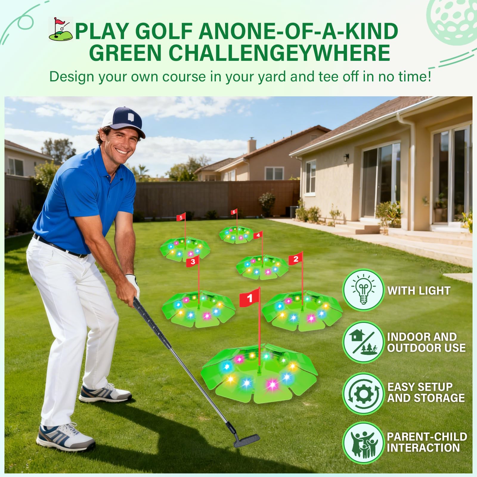 TERRAMUS Light Up Golf Play Set, Upgraded Kids Toy Golf Putting Game Set including 6 LED Targets, 2 Clubs, 6 Balls (2 Glow) - Image 2