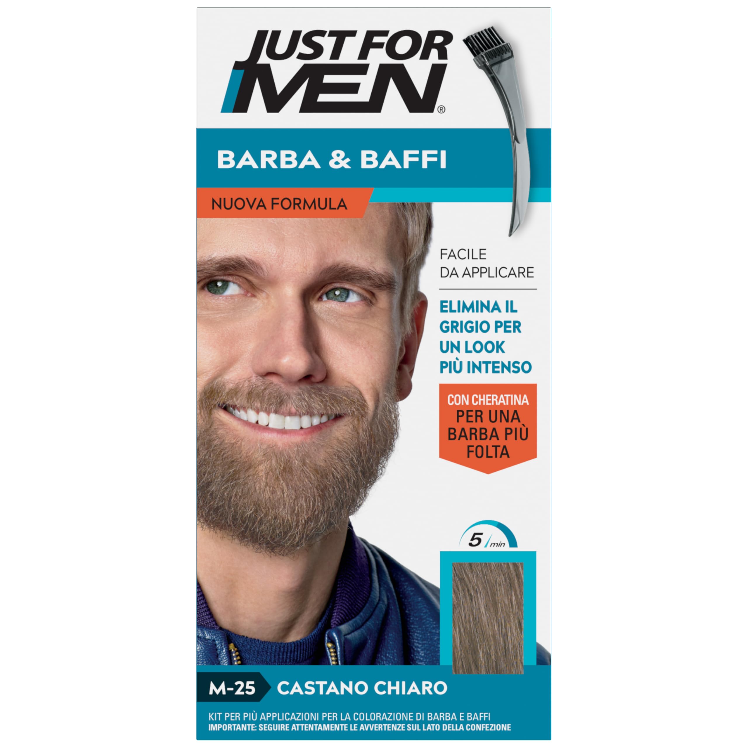 Just For Men Barba & Baffi, Tinta Per Uomo Con Cheratina, Per Una Barba Più Folta, Tintura Senza Ammoniaca, Elimina I Peli Grigi, Con Pettine Applicatore, Colore Castano Chiaro, M25