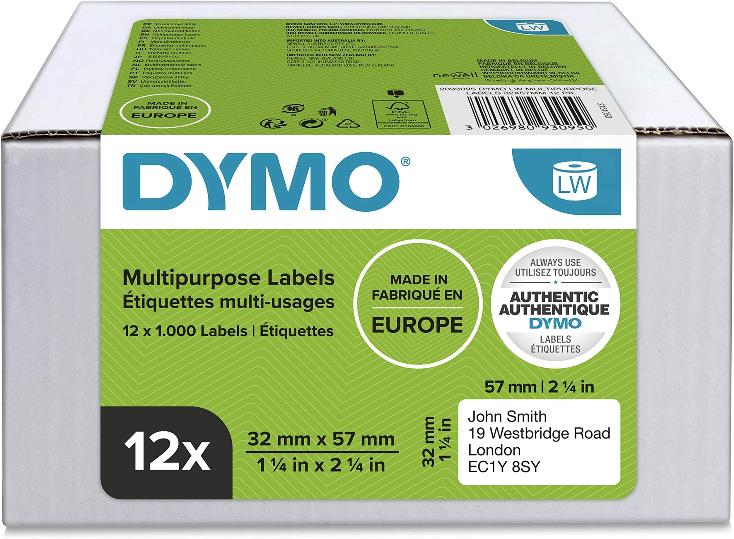 DYMO Authentic LabelWriter Multi-Purpose Labels | 32mm x 57mm | 12 Rolls of 1,000 Easy-Peel Labels (12,000 Count) | Self-Adhesive | for LabelWriter Label Makers