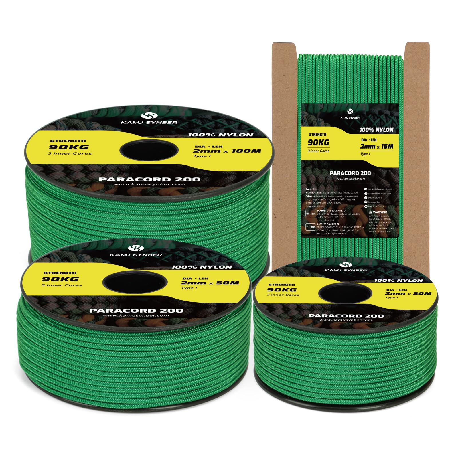 Kamu Synber Paracord 2mm 3 Strands 15M 100% Nylon Rope Type I Parachute Cord for Craft, Outdoor, DIY, Camping | Support 90kg | Kelly Green