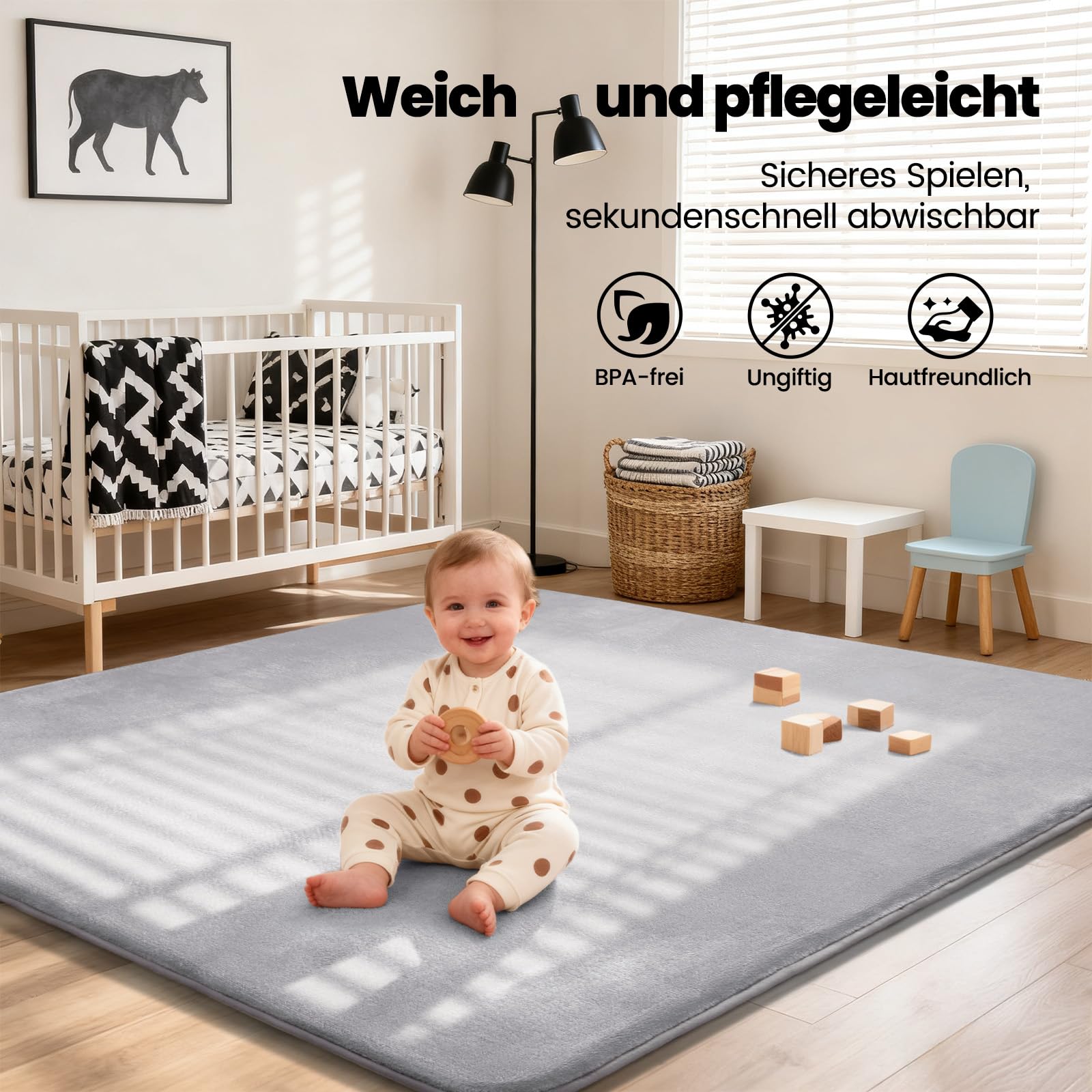 Alfombra para gatear para bebé, 150 x 180 cm, espuma de 3 cm de grosor, alfombra de juego ultra suave y tacto de felpa, para habitación infantil, fácil de limpiar, con base antideslizante
