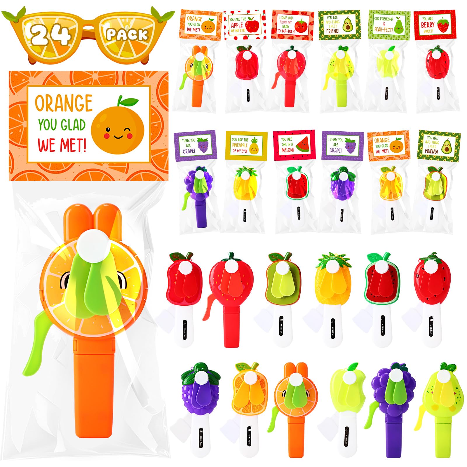 Kittmip 24 Pack Mini Portable Fans with Cards Gifts Cute Animal Fruit Ice Cream Handheld Press Cooling Fans for Summer Birthday Party End of the Year